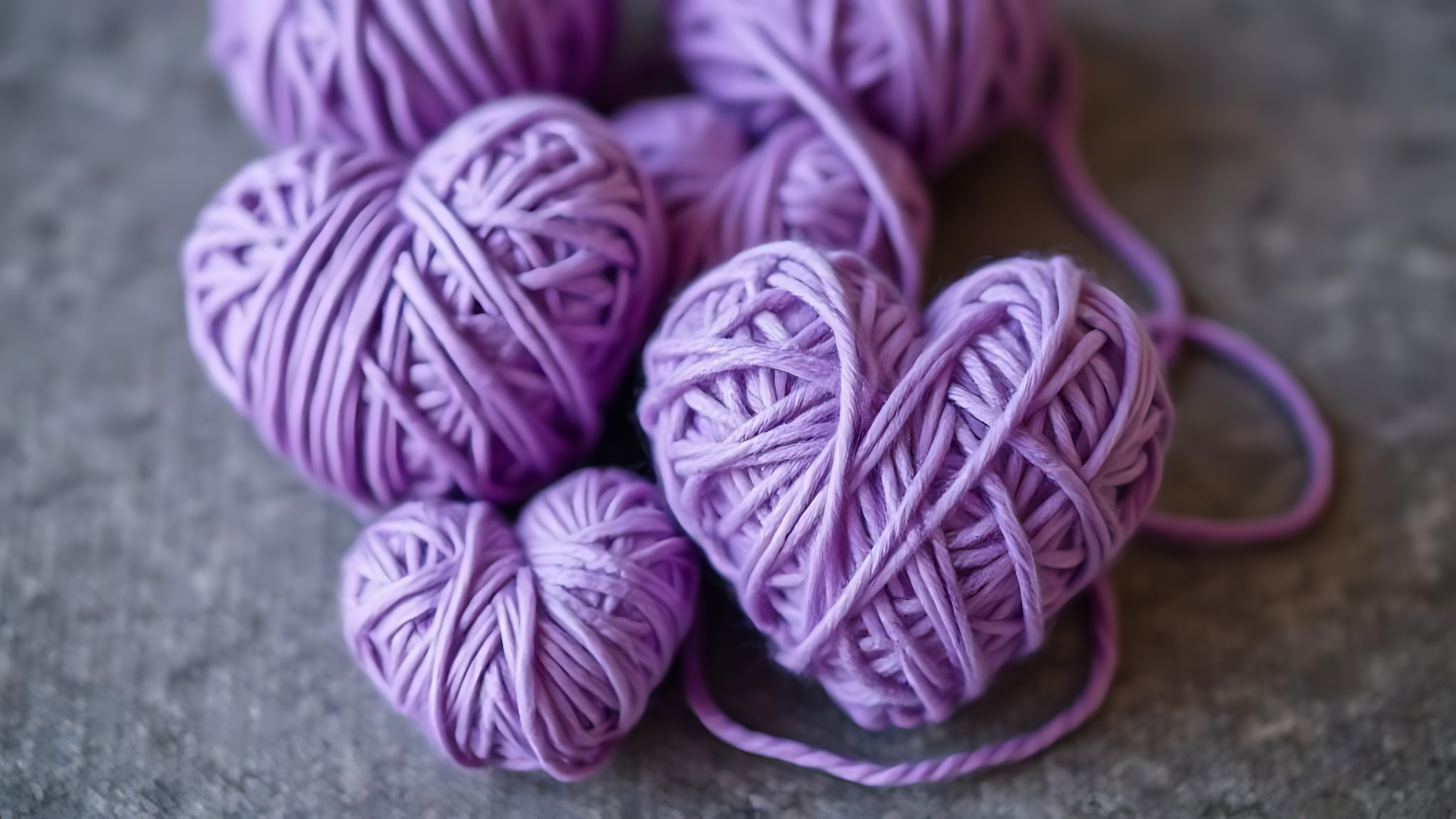 Yarn 桌布 壁紙 — 柔軟的薰衣草色毛線球做成心形，放在有紋理的灰色表面上，帶有柔和的陰影。