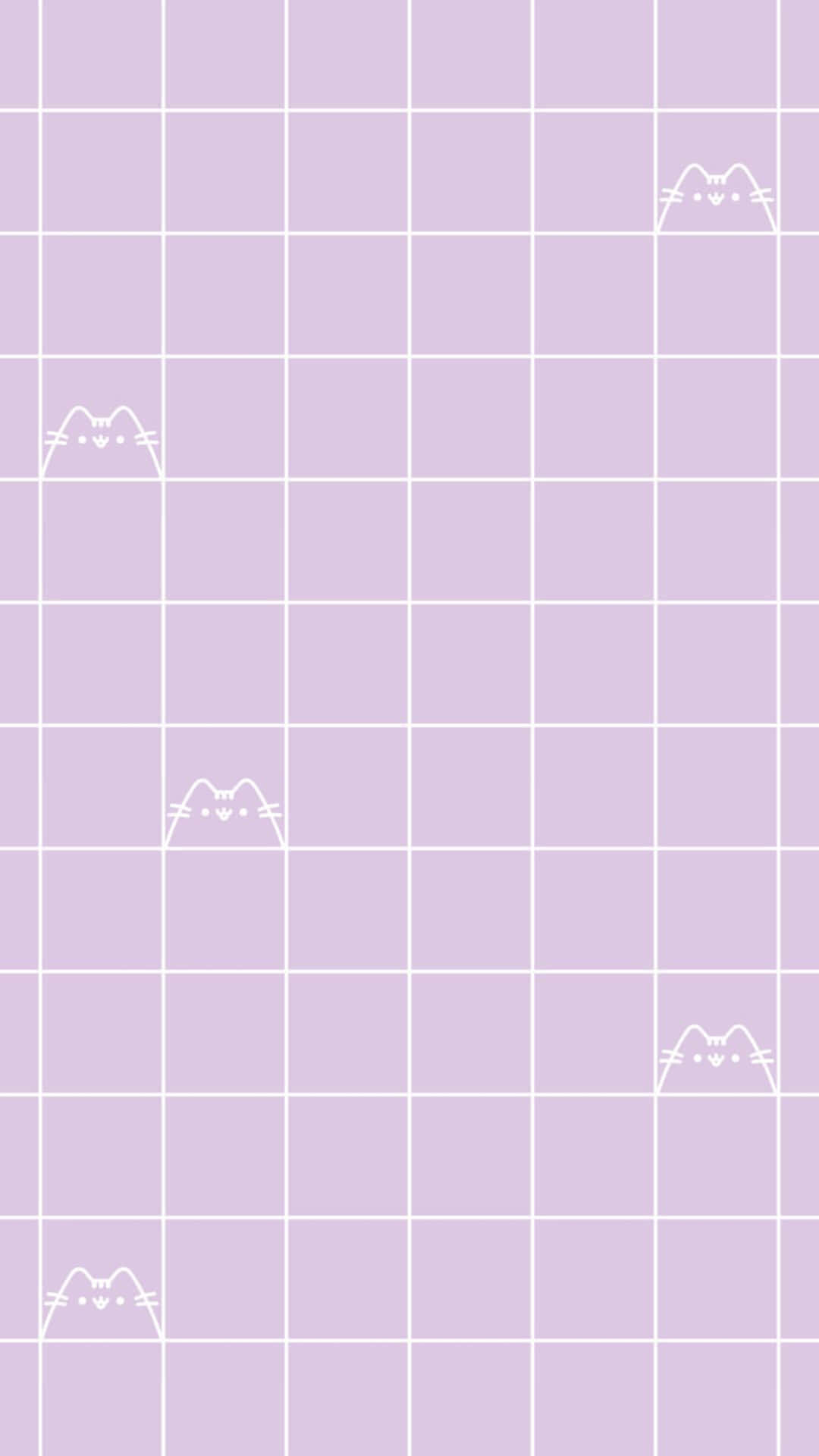 薰衣草色網格背景，帶有小型白色貓臉圖標。 — Pusheen 動圖 壁紙