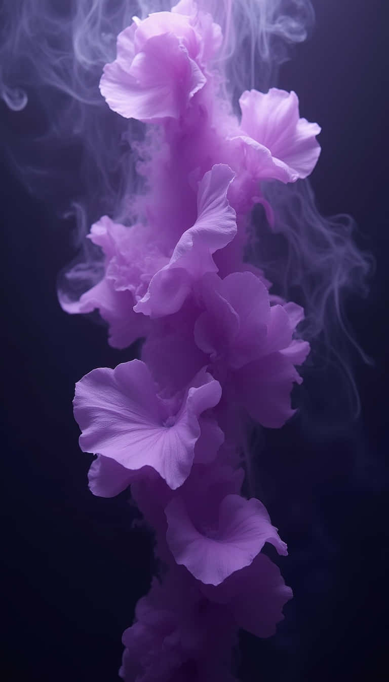 Flower 壁紙 — 柔軟的薰衣草花瓣如瀑布般在旋轉的煙霧中向上飄浮，襯托著深靛藍色的背景。
