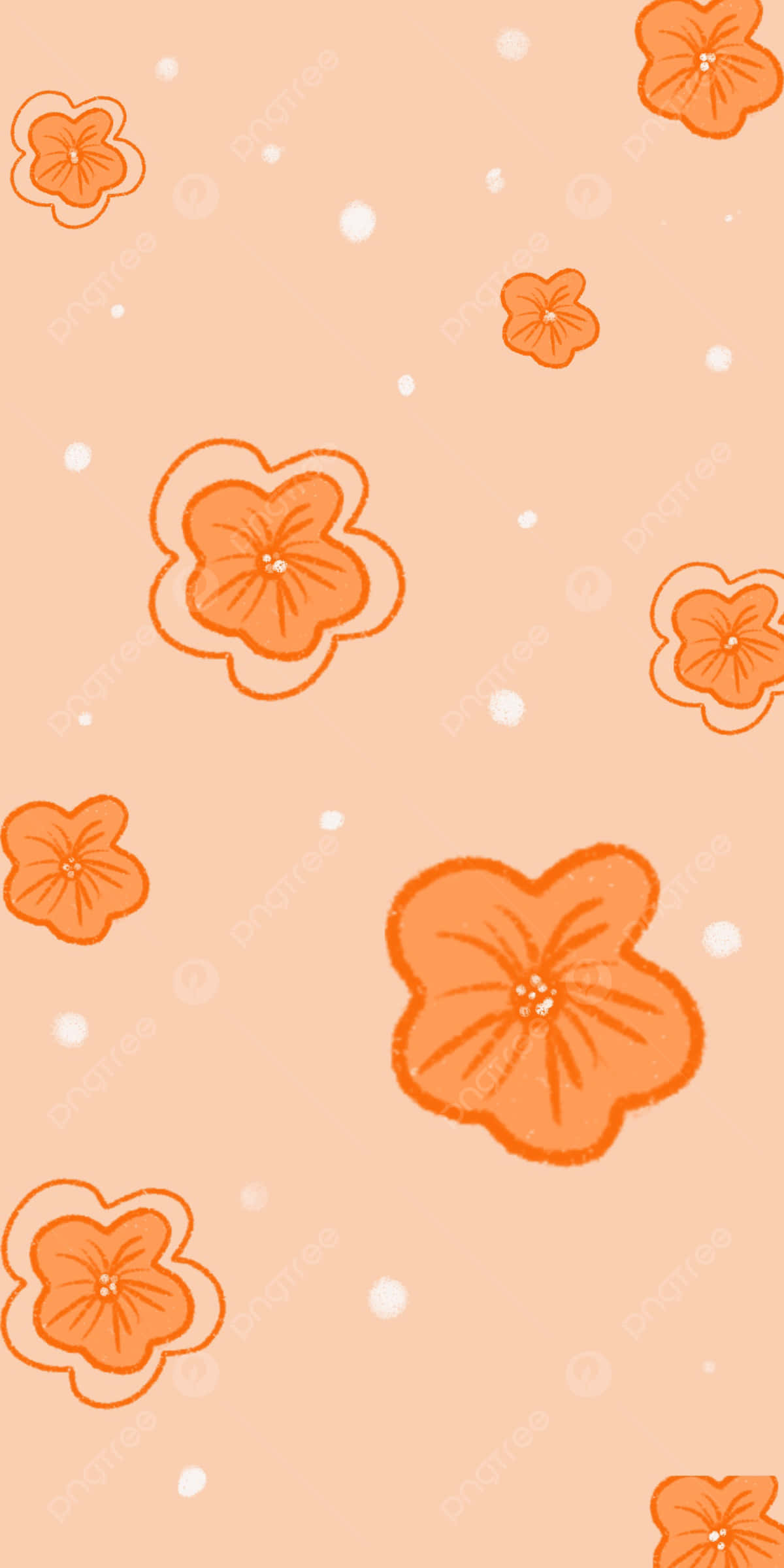 Cute Orange 桌布 壁紙 — 柔軟的蜜桃色背景，飾有手繪橙色花朵和散落的白色圓點，形成俏皮的圖案。