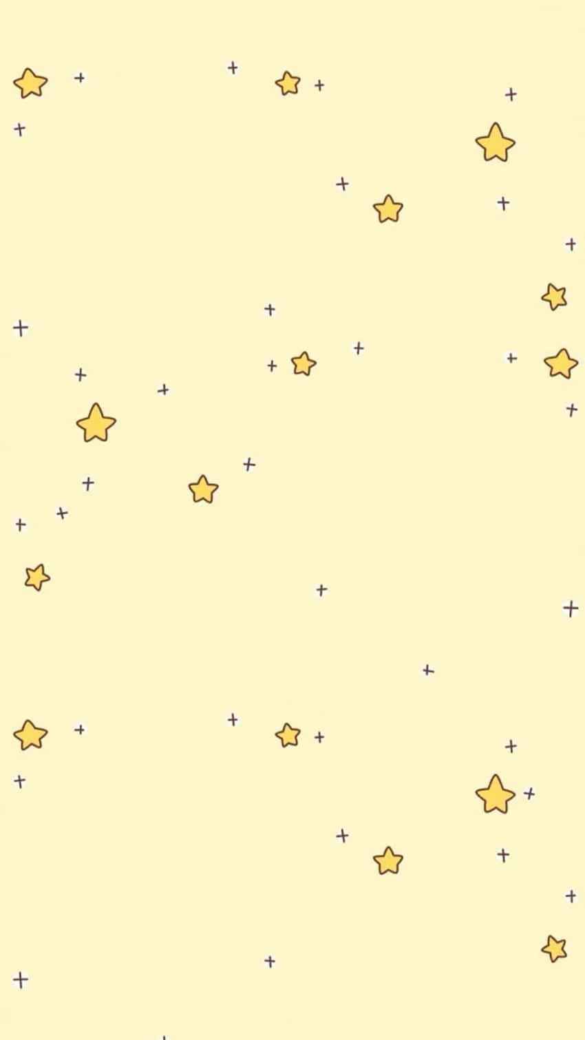 Yellow 桌布 壁紙 — 柔軟的黃色背景點綴著金色星星和細小紫色加號，營造出一個異想天開的天體圖案。