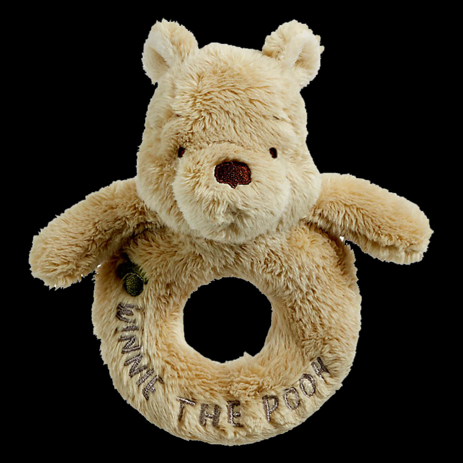Winnie Pooh 桌布 壁紙 — 柔軟米色毛絨小熊維尼搖鈴，帶有刺繡名字和質感絨毛，黑色背景。