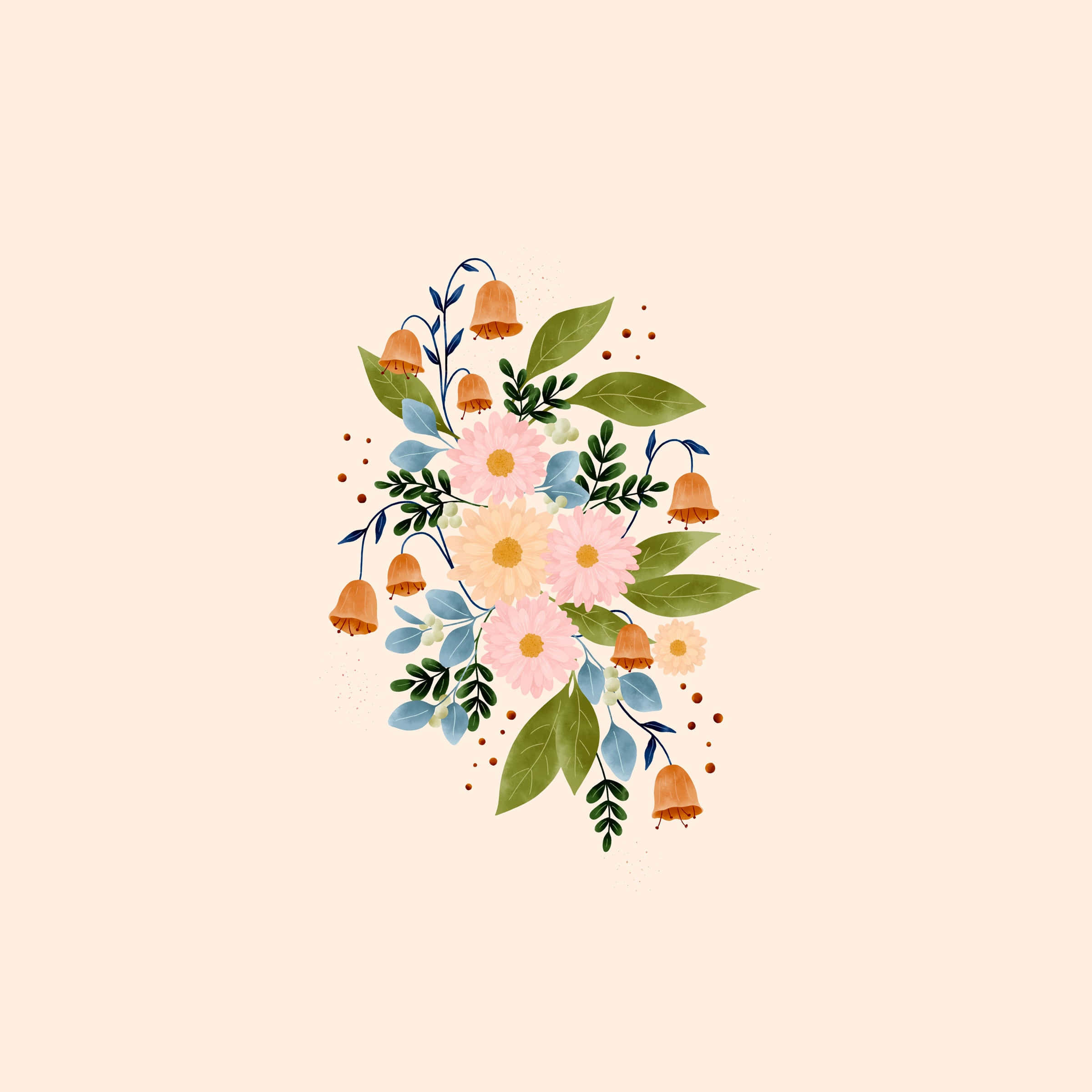 Simple Flower 桌布 壁紙 — 柔軟米色背景上，粉紅雛菊與橙色鈴蘭的細緻花卉佈置。