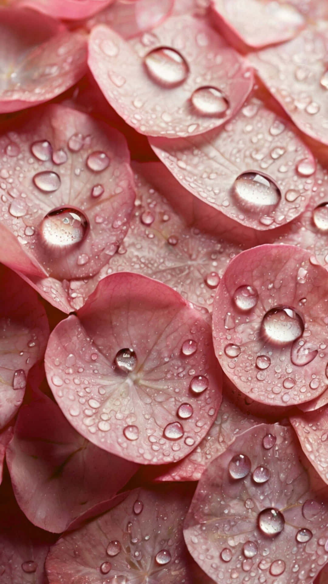 Pink Hydrangea Petals Close-Up With Dew Drops – Soft Macro Floral Texture And Detail 壁紙 — 柔軟粉紅繡球花瓣的特寫，閃爍著清澈的露珠，反射光線。