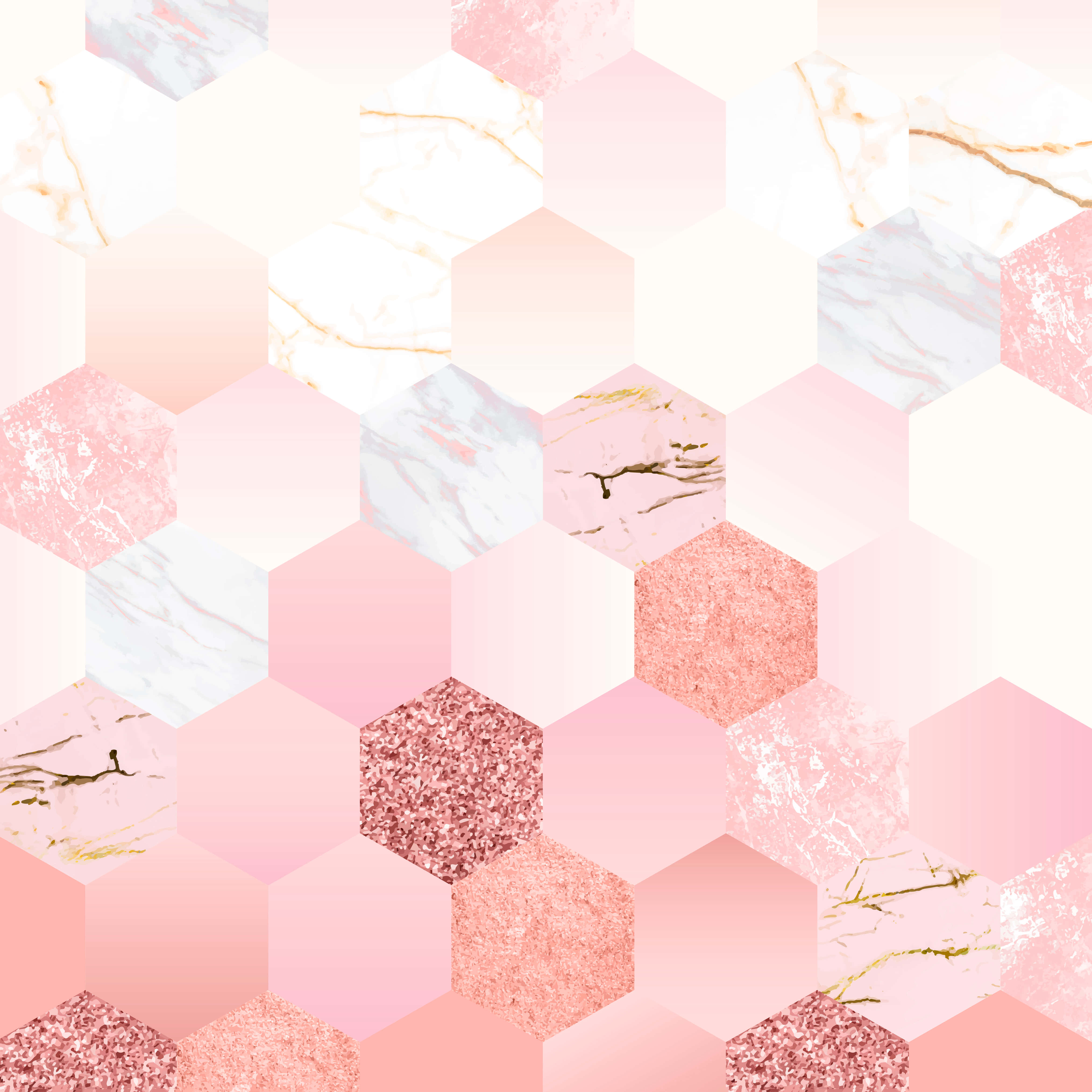 Pink Pattern 桌布 壁紙 — 柔軟粉紅與白色大理石紋理的六角形瓷磚，搭配閃爍玫瑰金點綴，營造出奢華的抽象背景。