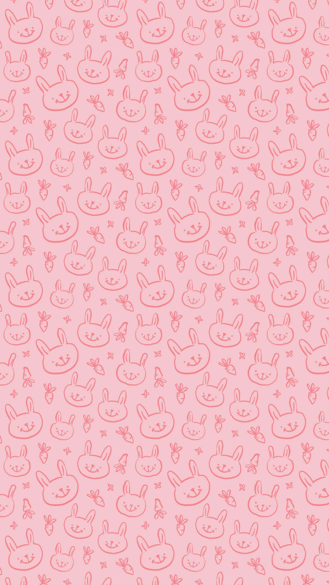 Pink Bunny 桌布 壁紙 — 柔軟粉紅色壁紙，充滿重複的可愛兔子輪廓和細小的胡蘿蔔圖案，採用精緻的線條藝術風格。
