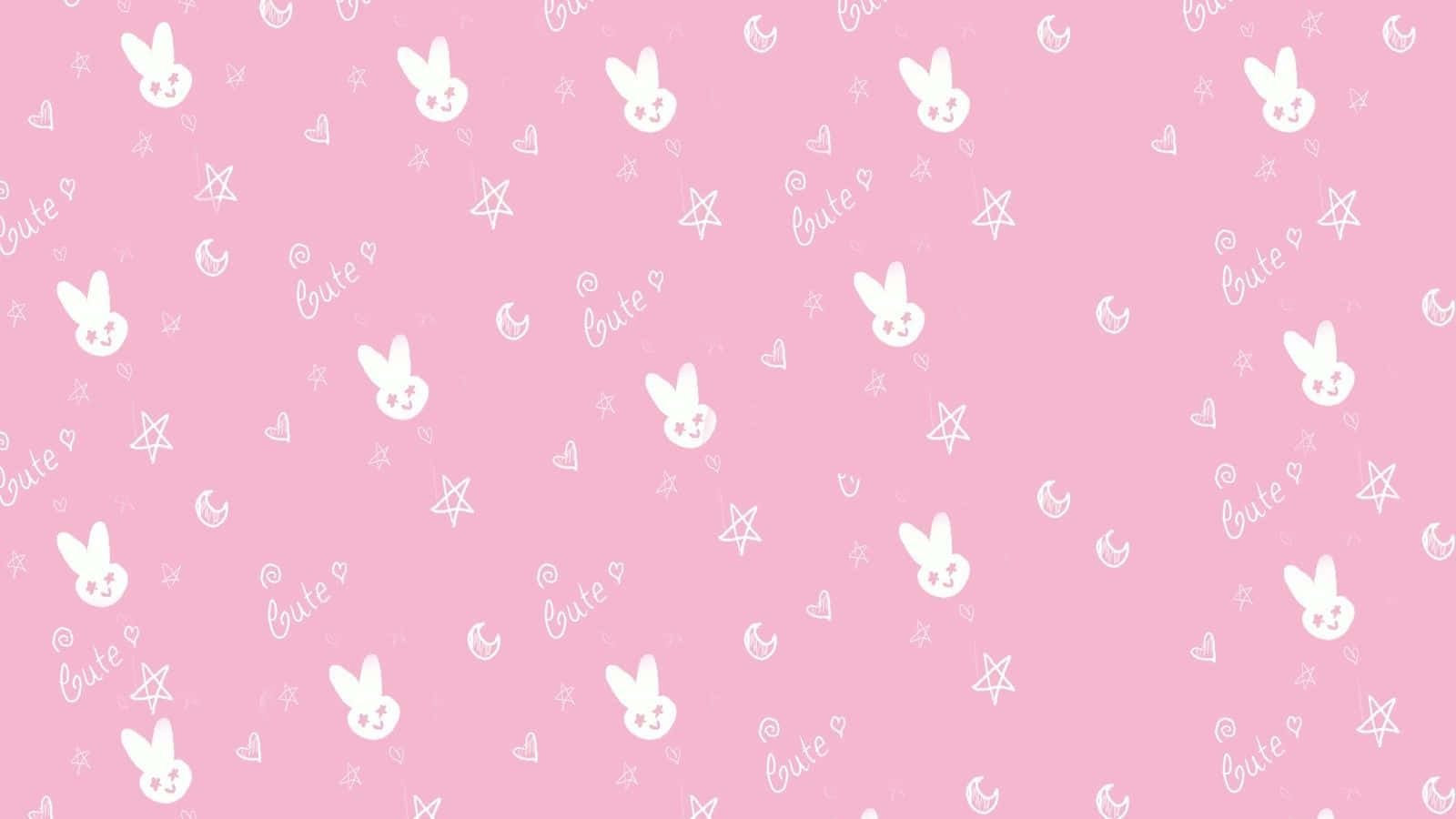 Pink Kawaii 桌布 壁紙 — 柔軟粉紅色壁紙，圖案包括白色卡通兔子、星星、愛心，以及以俏皮字體書寫的「cute」字。