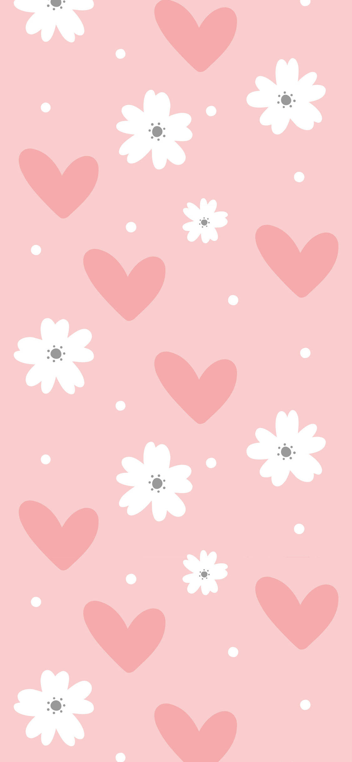 cute girly phone 桌布 壁紙 — 柔軟粉紅色壁紙，圖案為散落的白色雛菊和淺粉紅色愛心，並以細小白色圓點點綴。