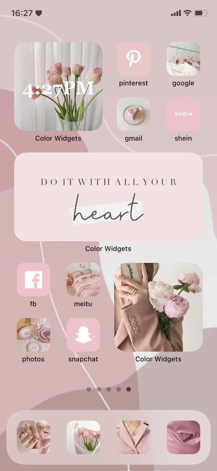 Aesthetic Widgets 桌布 壁紙 — 柔軟粉紅色桌布，帶有鬱金香和應用程式圖示，以極簡粉彩美學排列。