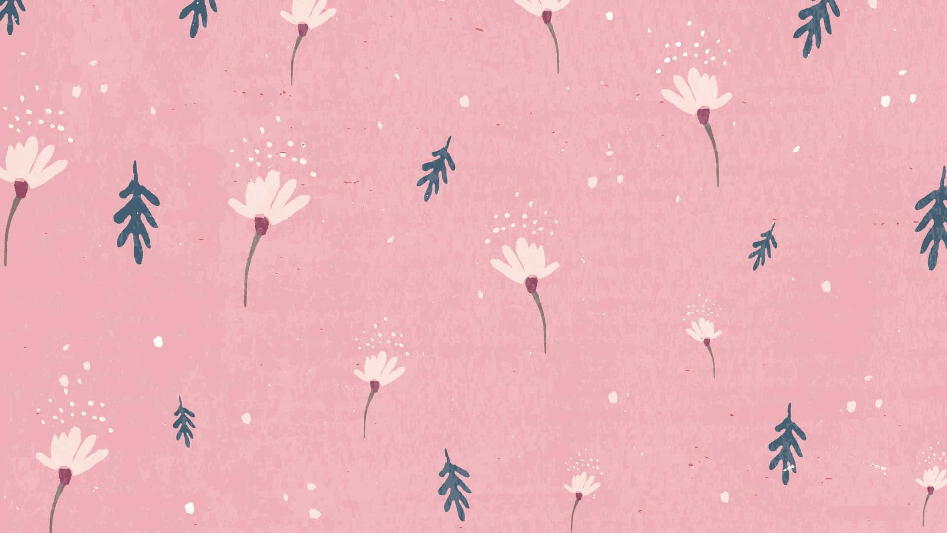 Minimalist Pink 桌布 壁紙 — 柔軟粉紅色紋理背景，點綴著散落的白色雛菊和深綠色葉子。