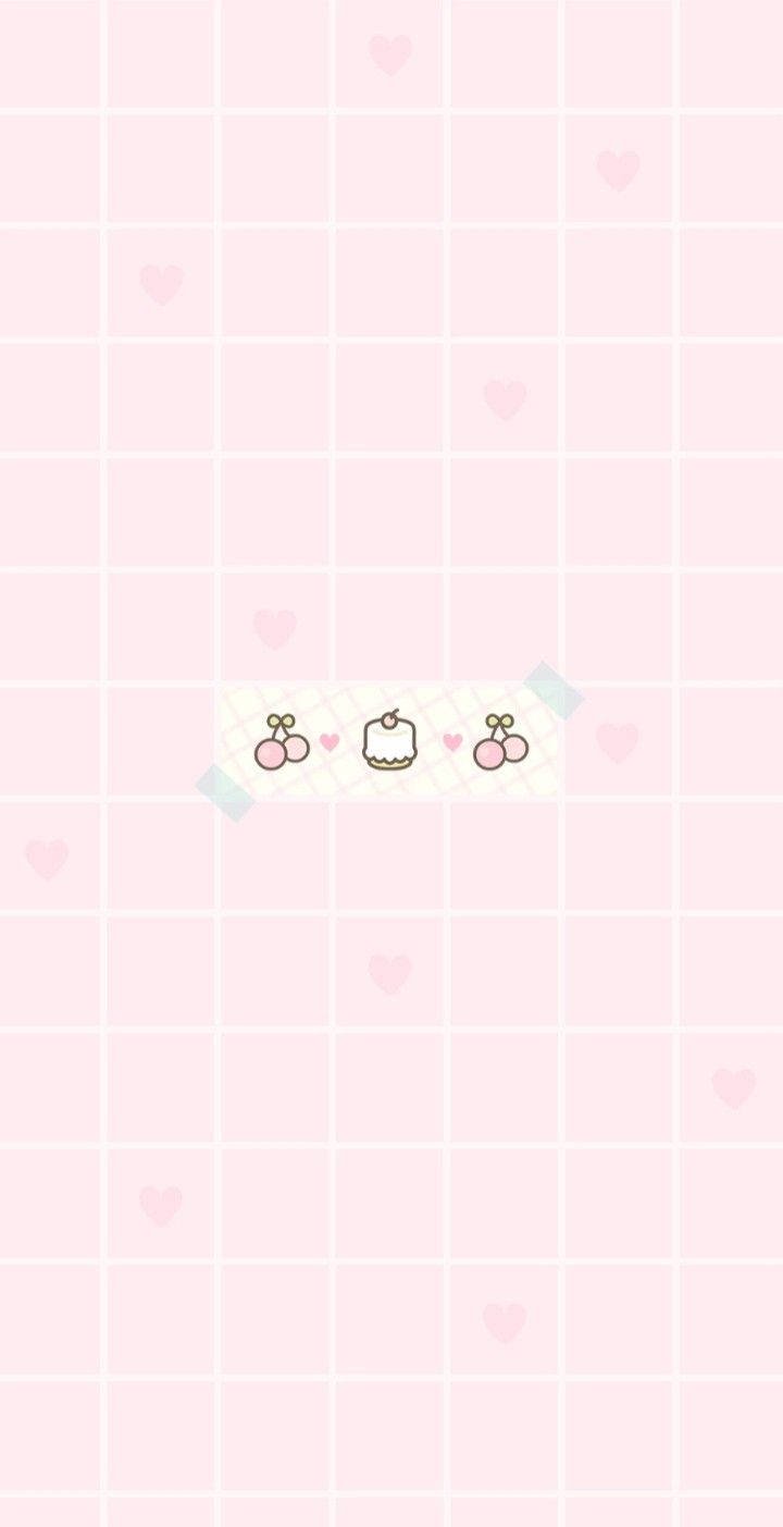 girly pink aesthetic 桌布 壁紙 — 柔軟粉紅色網格壁紙，帶有散落的心形圖案和中央膠帶圖形，上面有櫻桃和蛋糕圖標。
