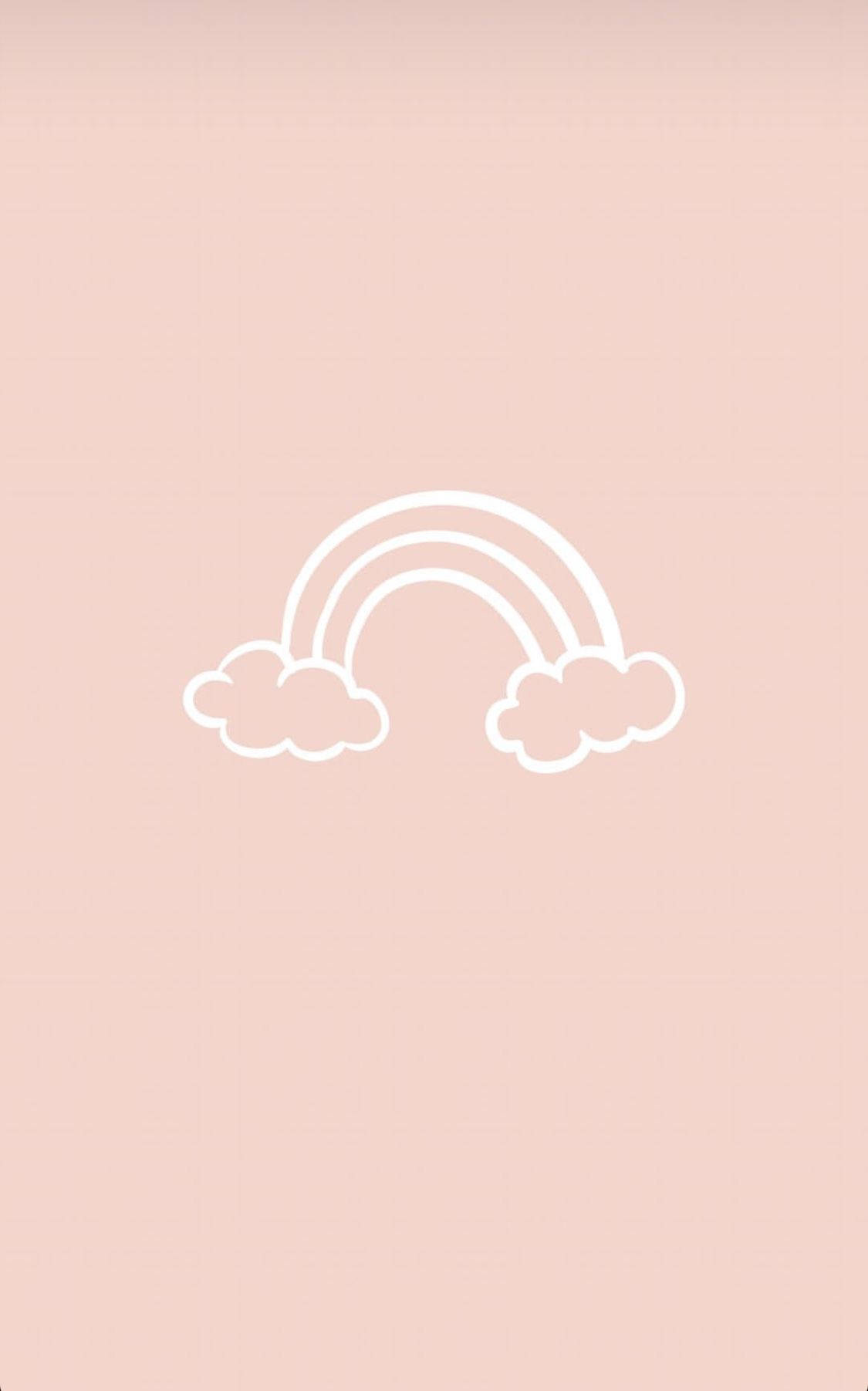 Cute Instagram 桌布 壁紙 — 柔軟粉紅色背景上，帶有雲朵的彩虹極簡白色線條畫。