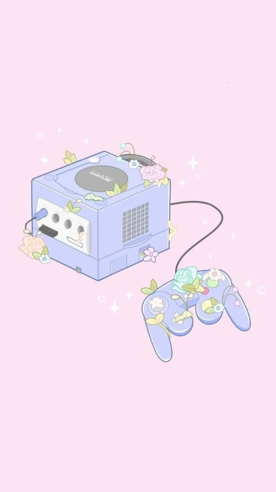 遊戲 桌布 壁紙 — 柔軟粉紅色背景上，裝飾有花朵和閃光的粉藍色GameCube主機和控制器。