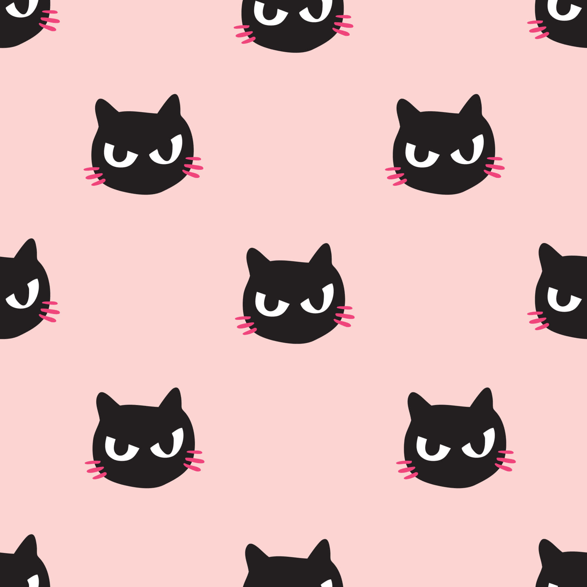 Cute Cat Pattern 桌布 壁紙 — 柔軟粉紅色背景上重複的可愛黑貓臉圖案，帶有粉紅色鬍鬚。