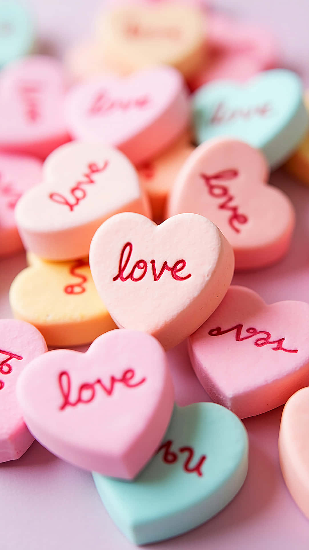 Valetine's day 壁紙 — 柔軟粉紅色表面上散落著帶有紅色草書 'love' 文字的粉彩心形糖果特寫。