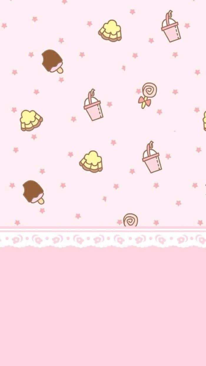 Desserts 桌布 壁紙 — 柔軟背景上散落著可愛卡通糖果和星星的粉紅色壁紙。