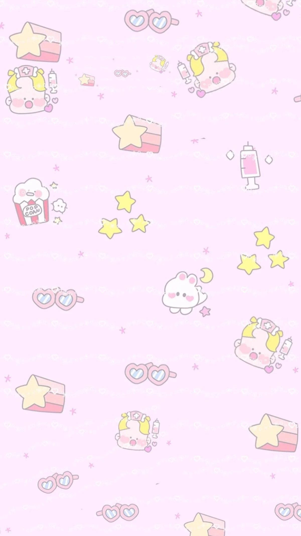 可愛 桌布 壁紙 — 柔軟背景上散落著可愛卡通角色、星星和爆米花的粉紅色壁紙。