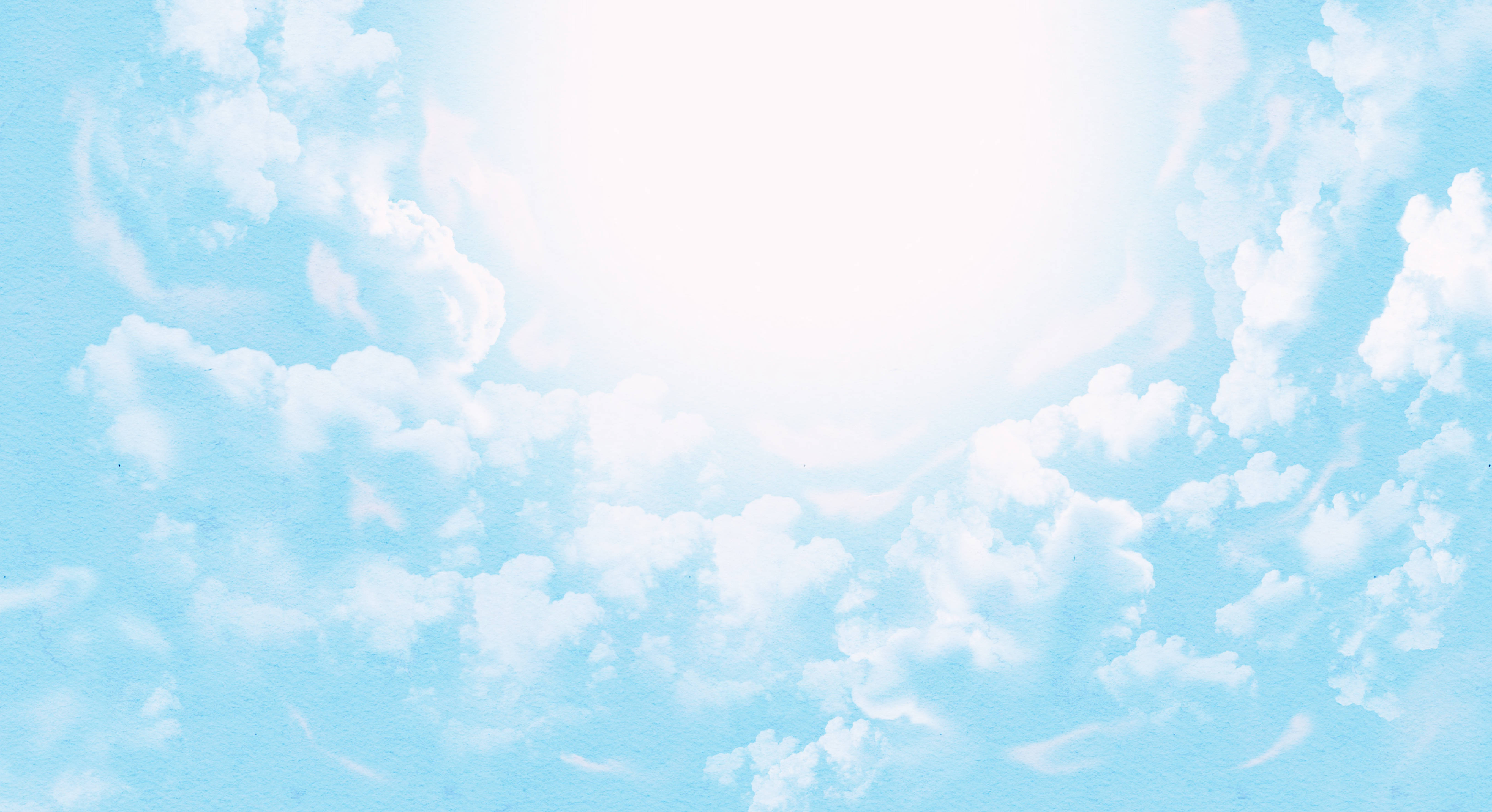 Heavenly Clouds 桌布 壁紙 — 柔軟蓬鬆的雲朵在寧靜的淺藍色天空中飄移，中央有一顆燦爛的太陽發光。