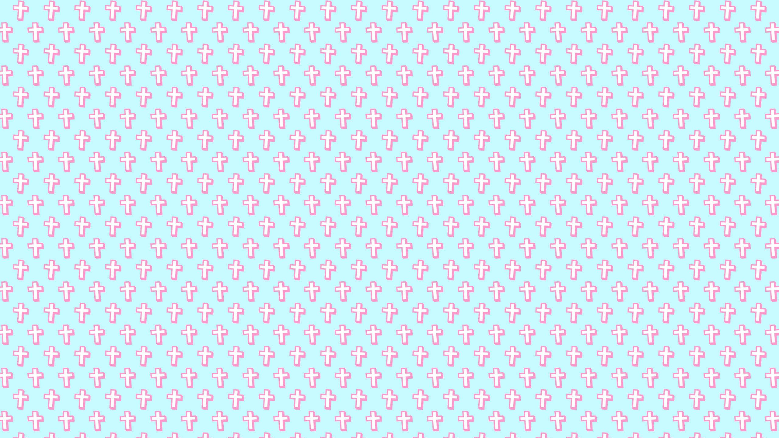 Cute Girly Cross 桌布 壁紙 — 柔軟藍色背景上重複的粉紅色十字圖案，營造出俏皮且極簡的壁紙設計。