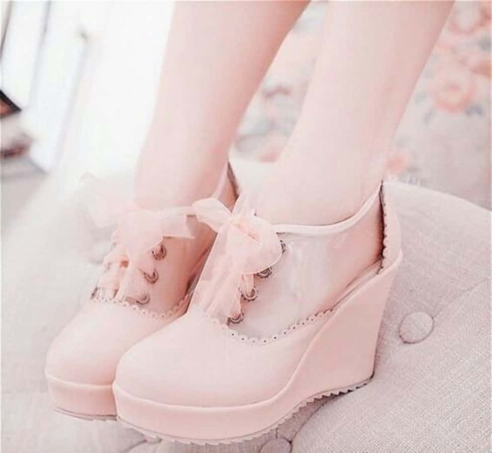 Pink Shoes 桌布 壁紙 — 柔軟質感表面上的精緻粉紅色楔形鞋與透明蝴蝶結特寫。