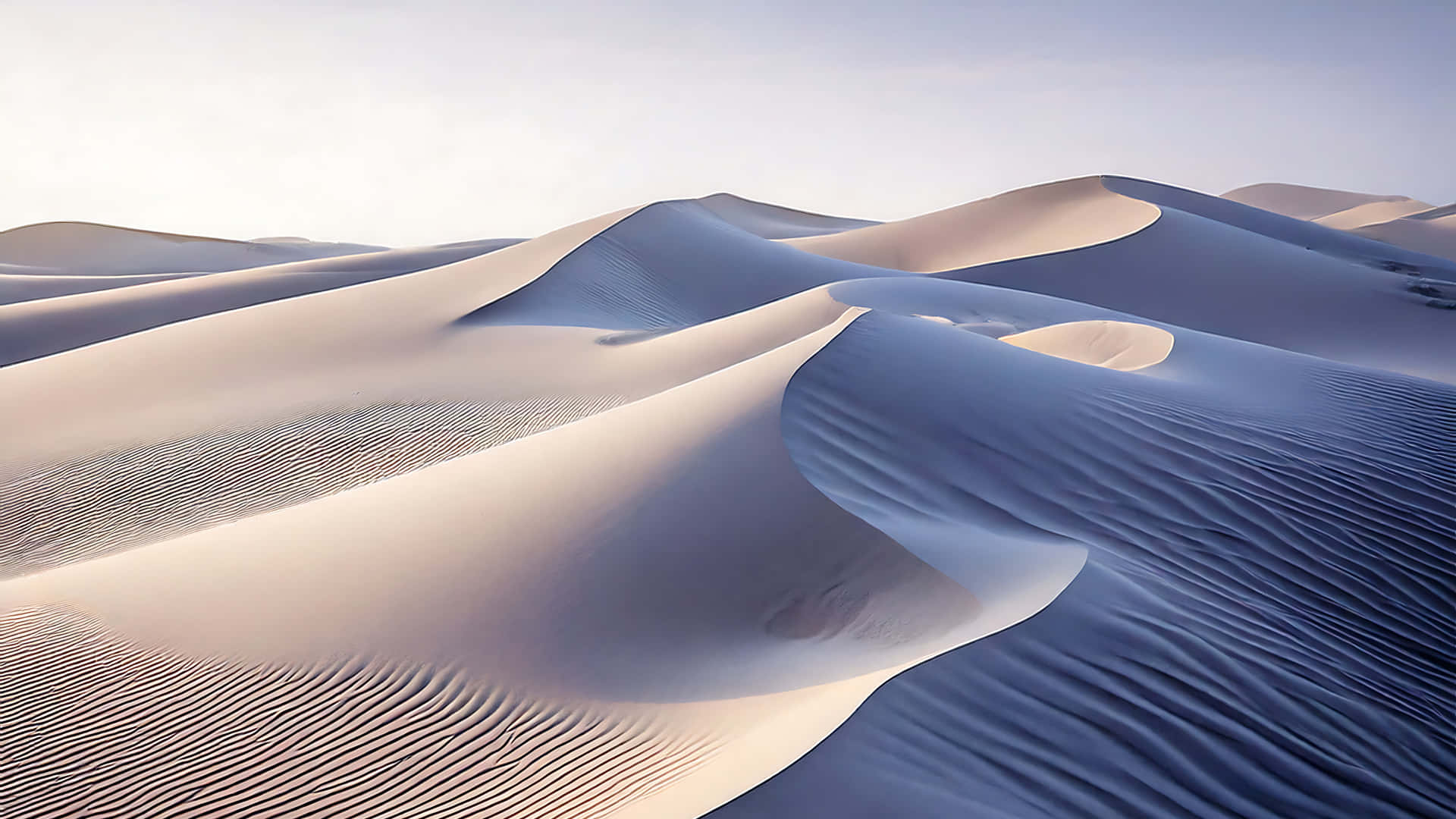 Grey Desert 壁紙 — 柔軟起伏的沙丘在蒼白的天空下泛起漣漪，帶有細膩的陰影和細粒紋理。