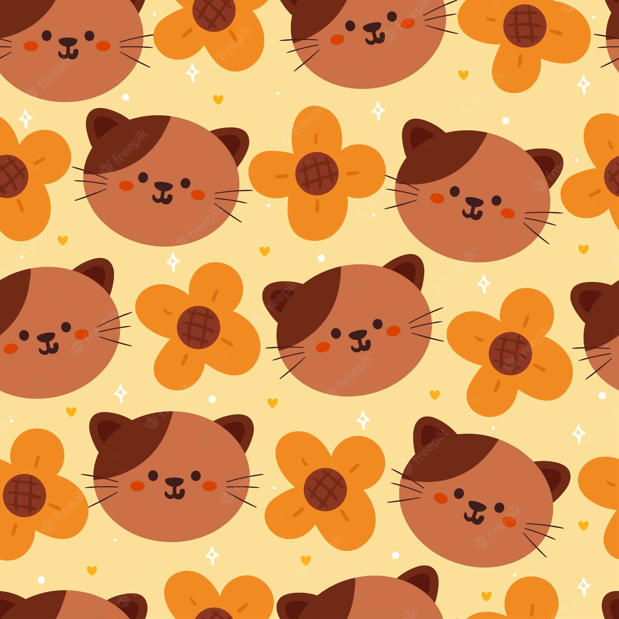 Cartoon Animal 桌布 壁紙 — 柔軟黃色背景上可愛的重複圖案，包括棕色卡通貓臉和橙色花朵。