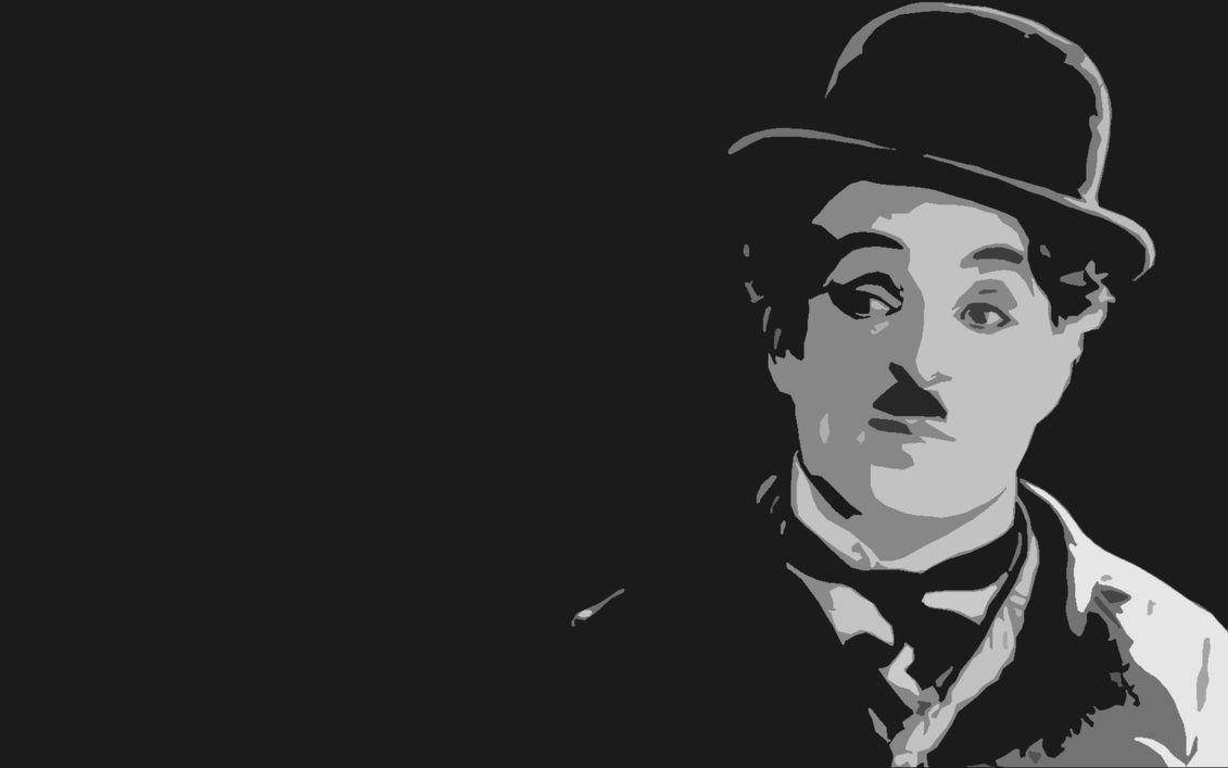 Chaplin 桌布 壁紙 — 查理·卓別林標誌性的圓頂禮帽和鬍鬚的風格化黑白肖像，背景為深色。