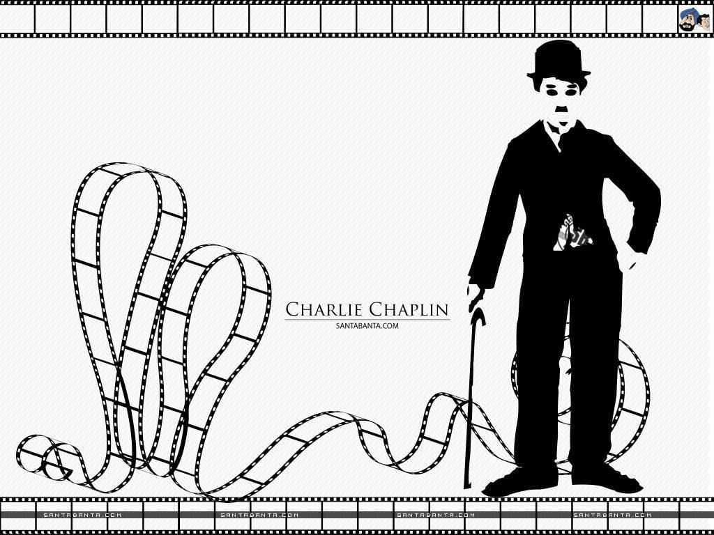 Chaplin 桌布 壁紙 — 查理·卓別林的剪影，戴著標誌性的圓頂禮帽和手杖，站在彎曲的膠片條旁，背景有紋理。