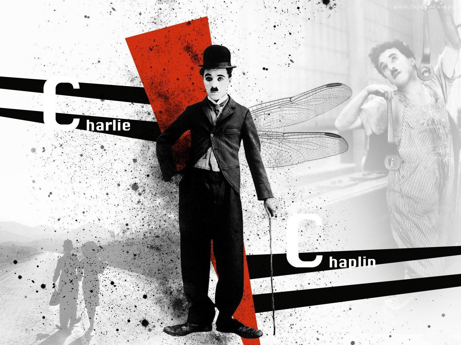 Chaplin 桌布 壁紙 — 查理·卓別林站在一個大膽的圖形拼貼中，帶有紅色點綴和黑白圖像，展示他標誌性的鬍子和手杖。