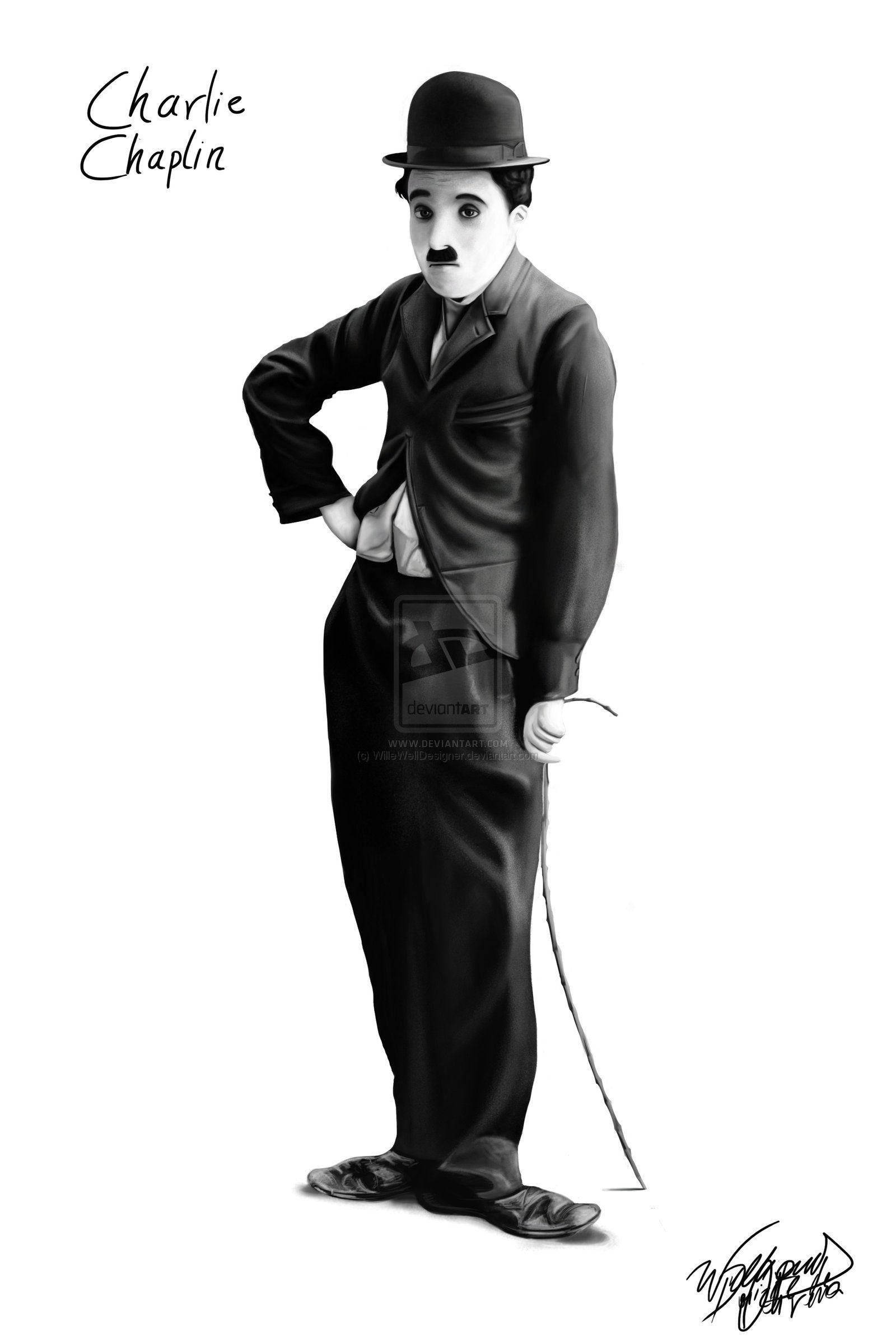 Chaplin 桌布 壁紙 — 查理·卓別林經典黑白插圖，戴著標誌性的圓頂禮帽，手持手杖，自信地擺姿勢。