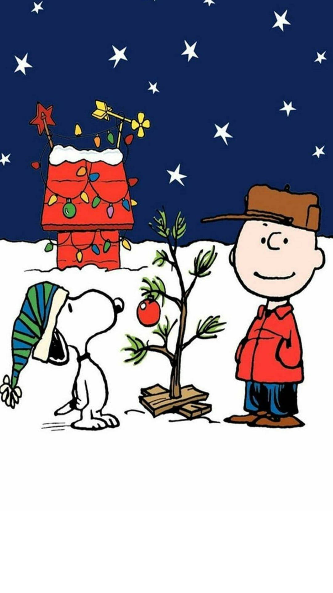 Snoopy Christmas 桌布 壁紙 — 查理布朗和史努比在星空下欣賞一棵細小光禿的聖誕樹，背景是裝飾了的紅屋。