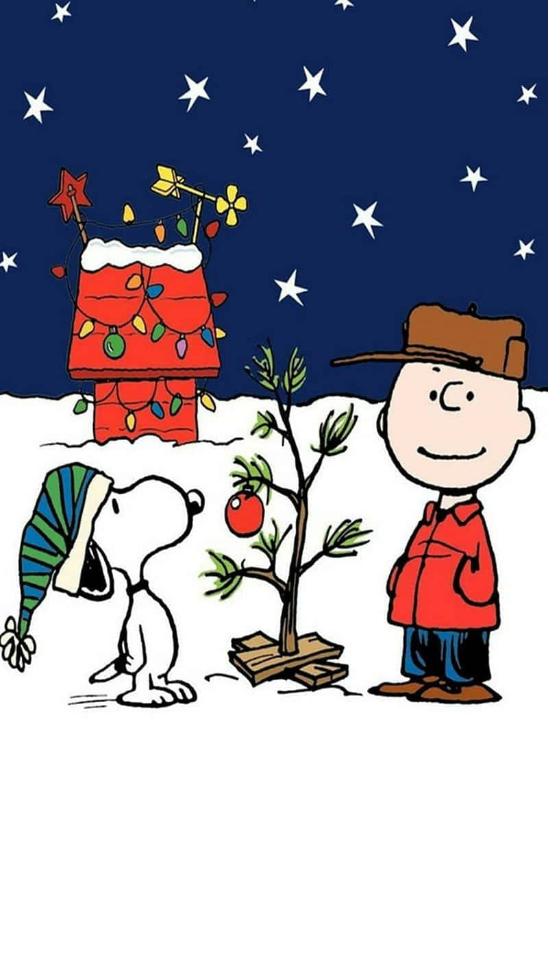 Charlie Brown Christmas 桌布 壁紙 — 查理布朗和史努比在繁星點點的冬夜天空下，欣賞一棵細小光禿的聖誕樹，背景是一座裝飾過的紅色房子。
