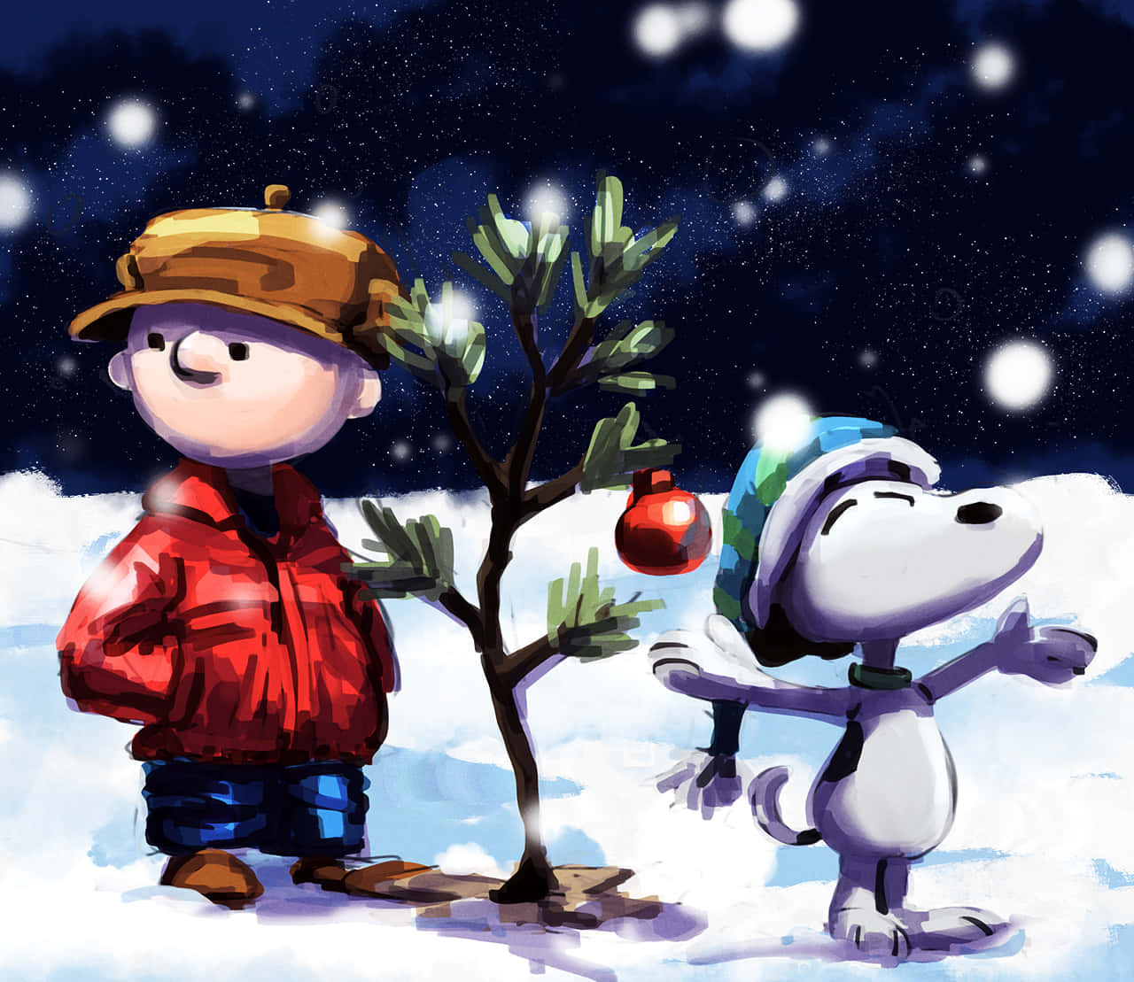 查理布朗 動圖 桌布 壁紙 — 查理布朗和史努比在雪花飄飄的夜空下，伴隨著閃爍的星星，開心地裝飾著一棵小聖誕樹。