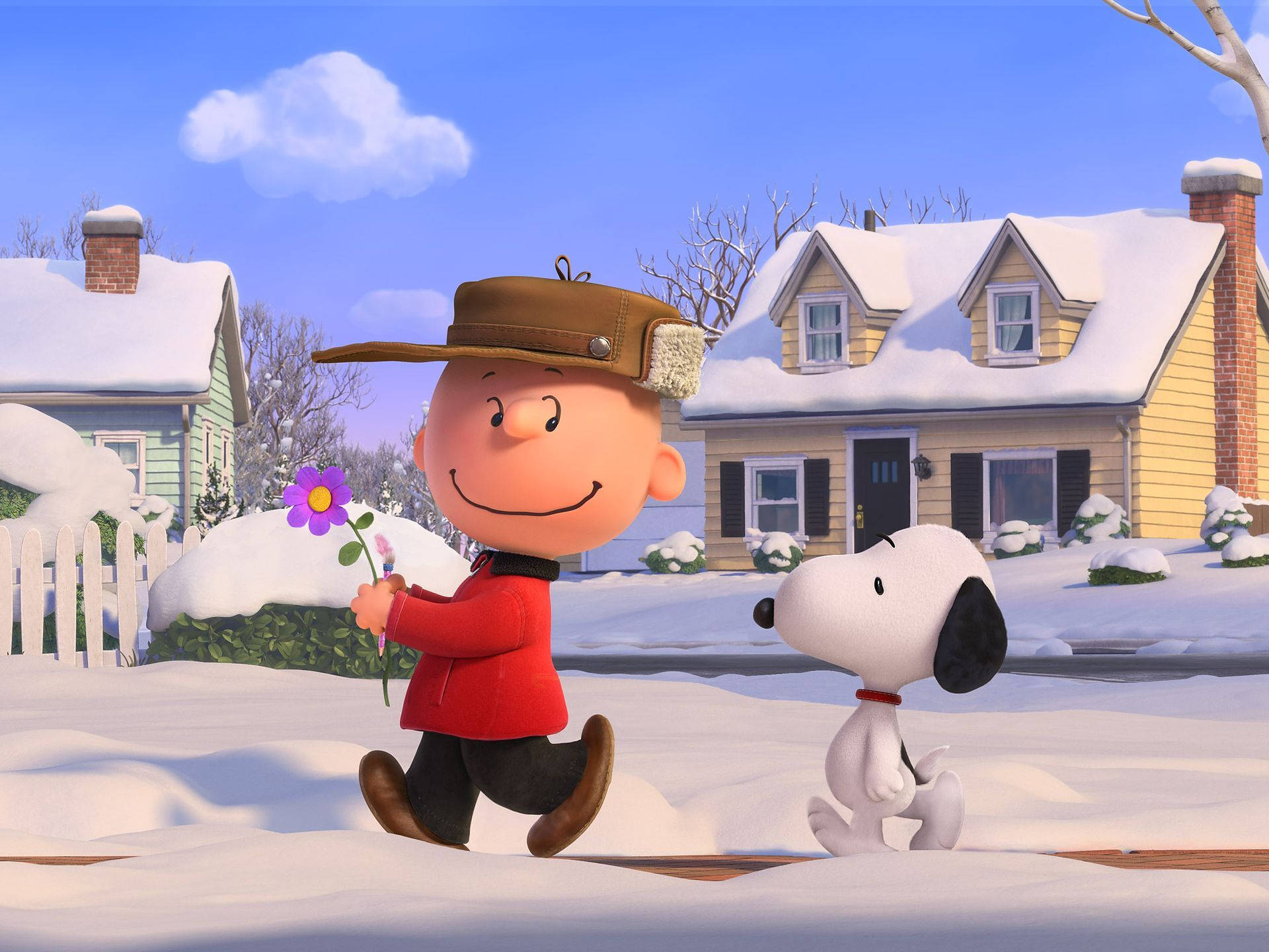 Charlie Brown 桌布 壁紙 — 查理布朗在積雪的郊區街道上行走，手持一朵紫色花，而史努比跟在他旁邊。