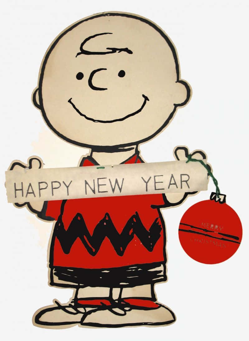 查理布朗 動圖 桌布 壁紙 — 查理布朗在純色背景上手持「HAPPY NEW YEAR」橫幅和紅色裝飾品。