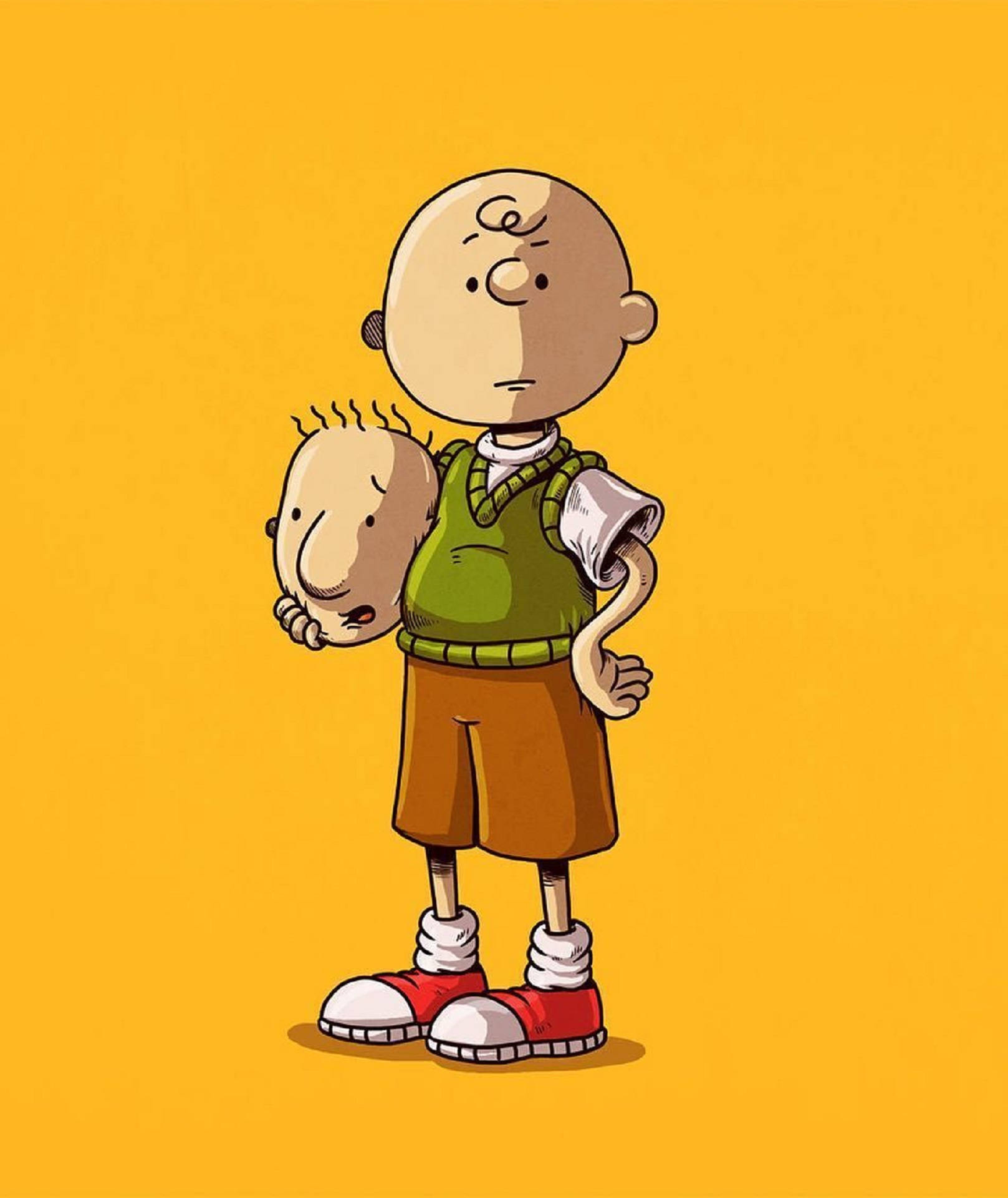 Doug 桌布 壁紙 — 查理布朗在純黃色背景前，以經典卡通風格拿著一個看起來悲傷的木偶。