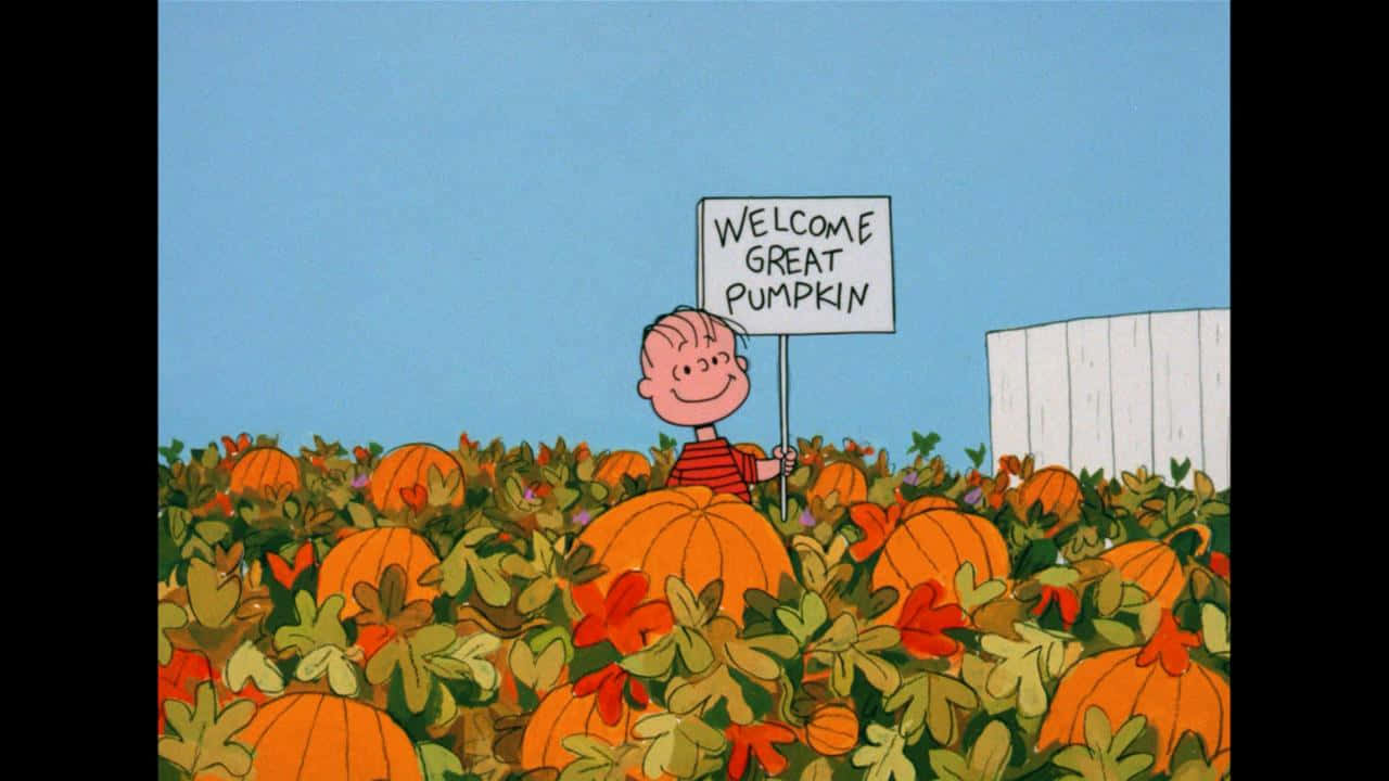 The Great Pumpkin 桌布 壁紙 — 查理布朗微笑著舉著一個寫著「歡迎大南瓜」的牌子，在晴朗的藍天下被南瓜包圍。