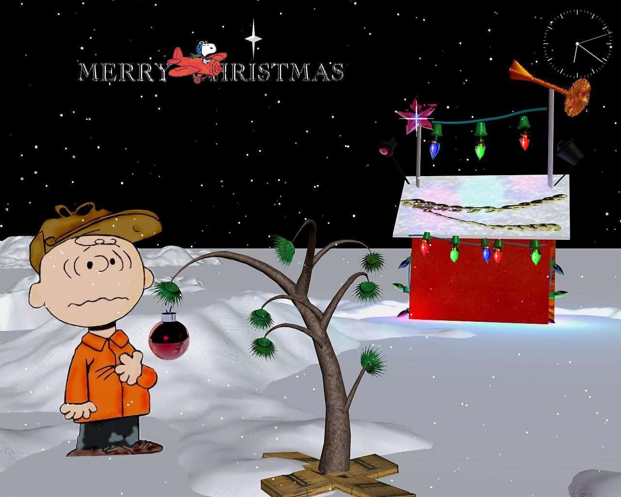 Charlie Brown Christmas 桌布 壁紙 — 查理布朗悲傷地站在他光禿禿的聖誕樹旁，雪花在繁星點點的夜空下飄落，帶有「Merry Christmas」文字和史努比在上方飛翔。