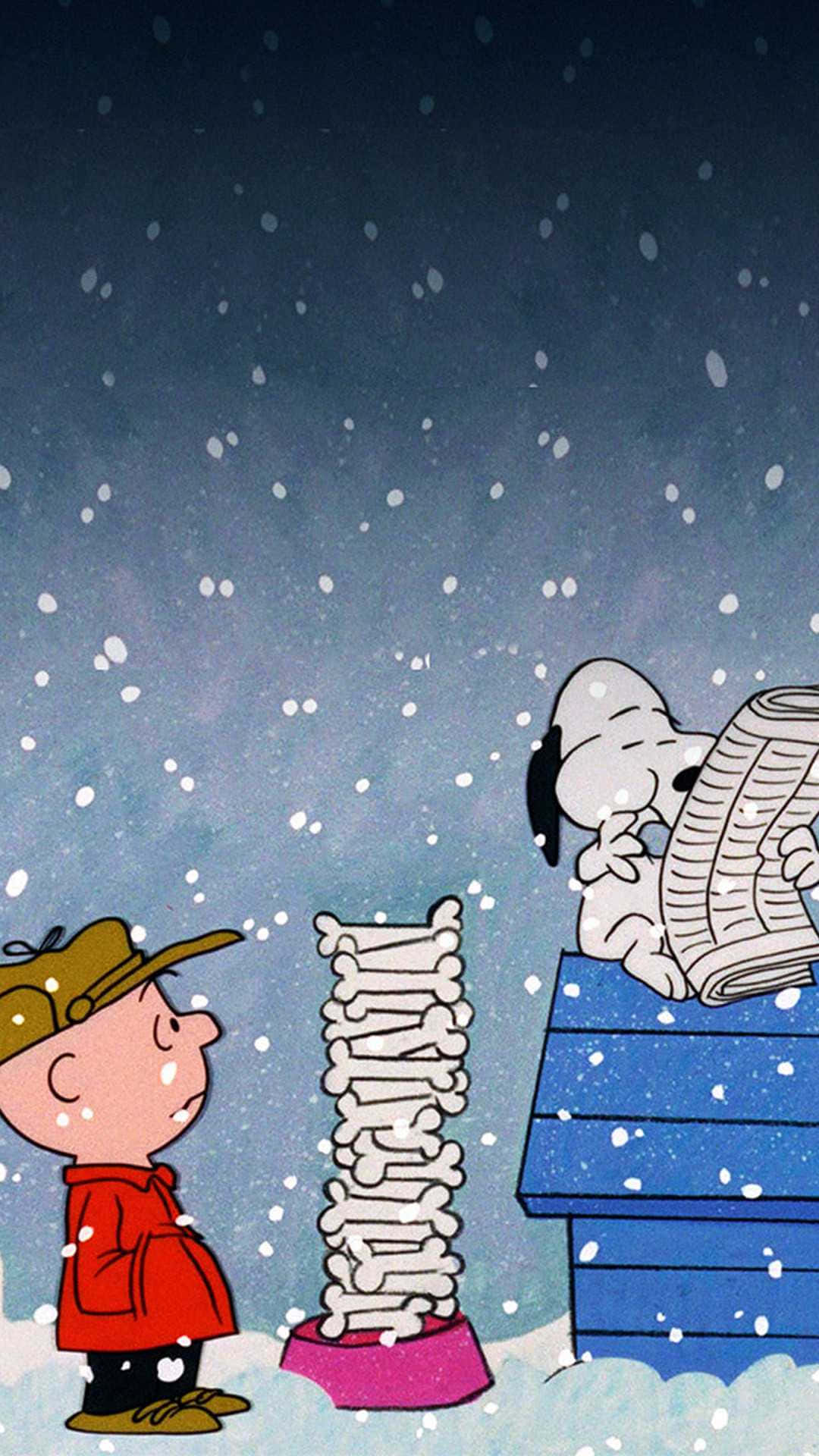 Peanuts 桌布 壁紙 — 查理布朗看著史努比在他藍色狗屋上面看報紙，雪花輕輕飄落在他們周圍。