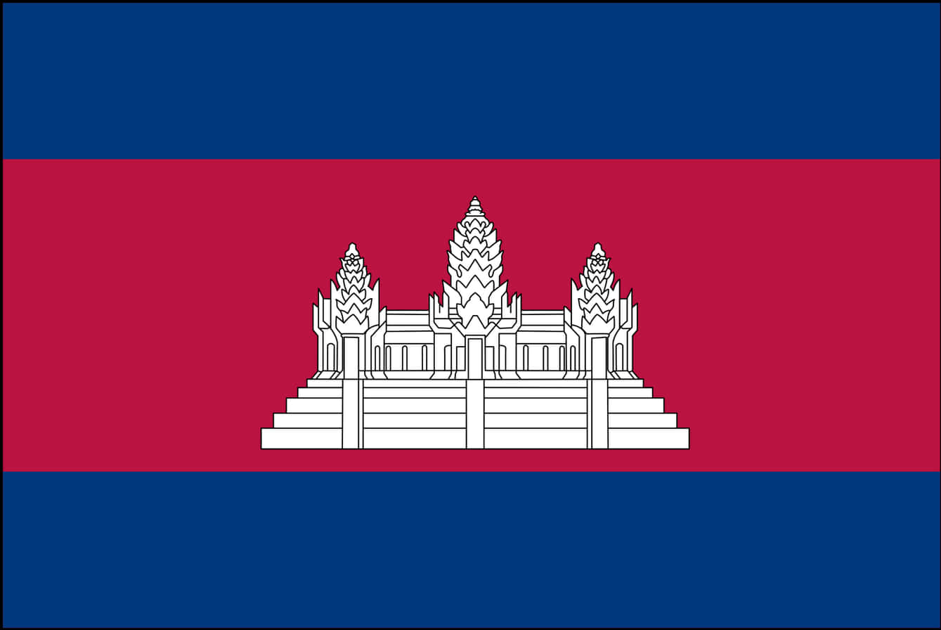 Flag Banner 桌布 壁紙 — 柬埔寨國旗中央為白色吳哥窟寺廟，位於兩條藍色條紋之間的紅色條紋上。