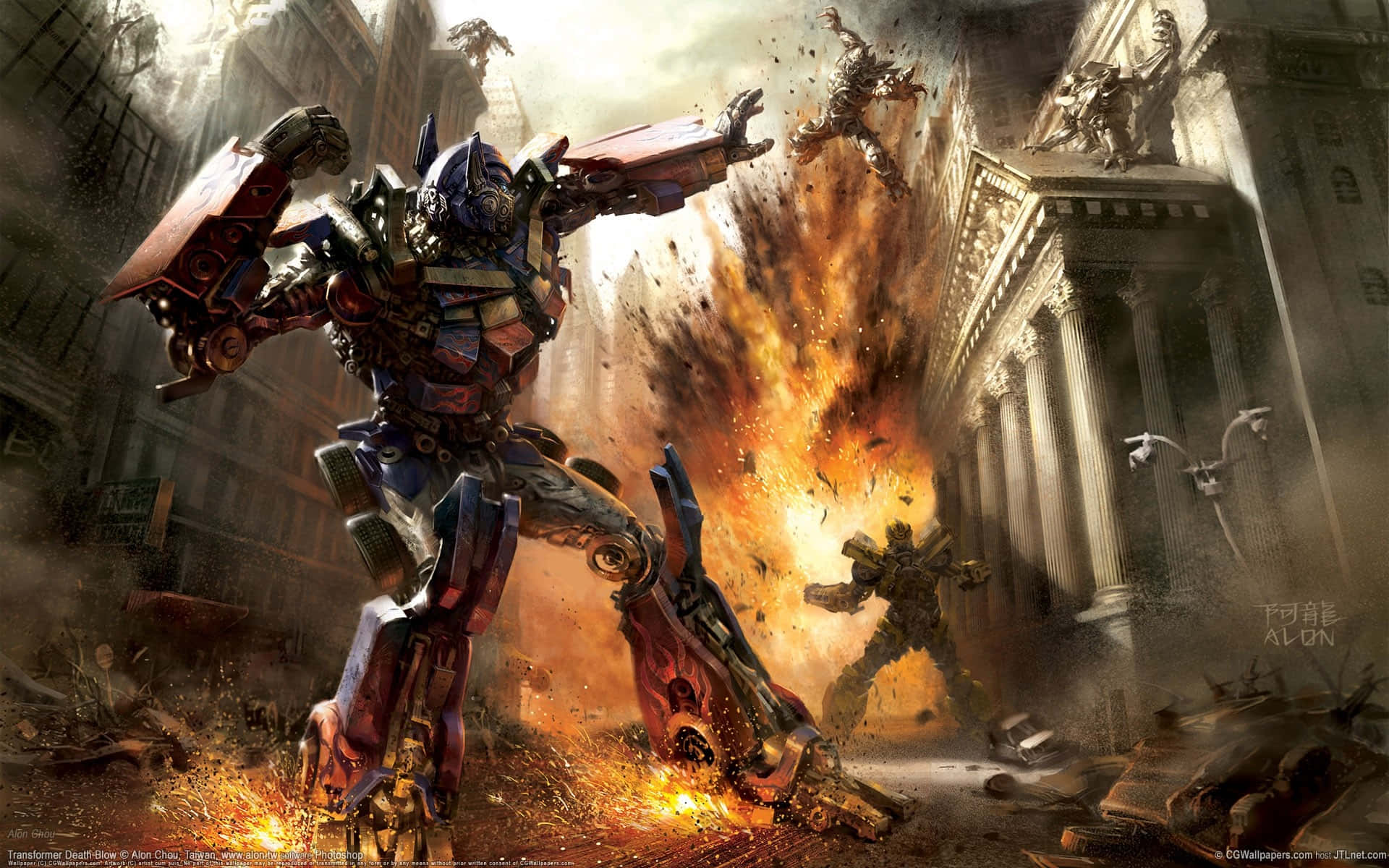 Beast Wars Transformers 桌布 壁紙 — 柯博文在充滿古典建築的 crumbling 城市景觀中，於熾熱的爆炸中戰鬥。