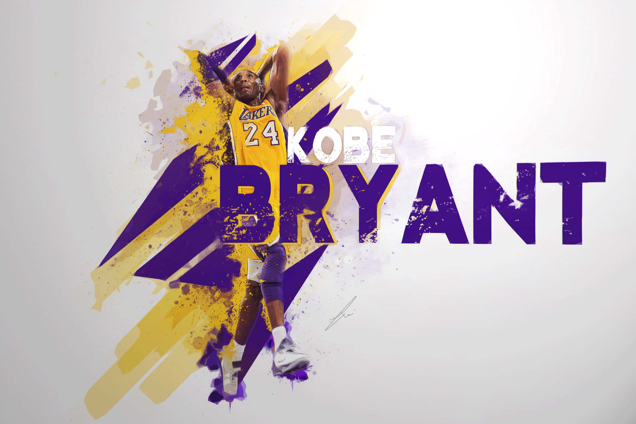 科比· Bryant 桌布 壁紙 — 柯比·布萊恩身穿湖人球衣，在充滿活力的紫色和金色潑濺背景上動態跳躍，他的名字以粗體顯示。