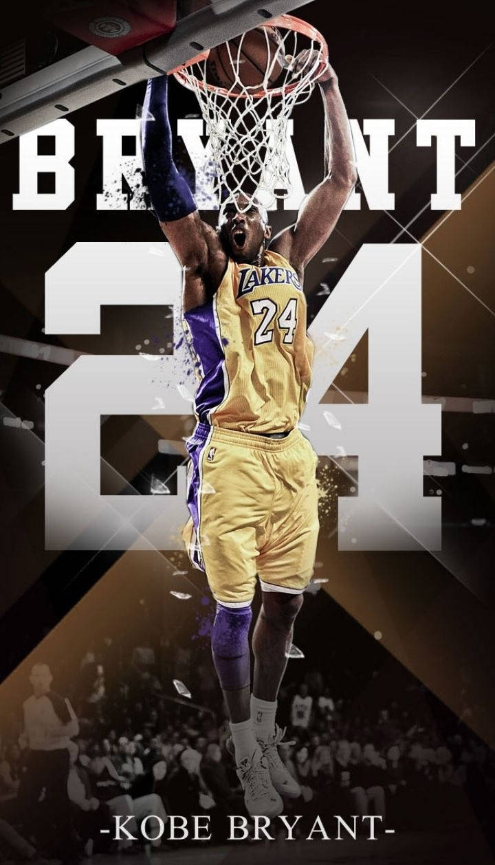 Kobe Bryant iPhone 桌布 壁紙 — 柯比·布萊恩身穿湖人球衣，在動感體育海報中灌籃，背後有「BRYANT 24」文字。