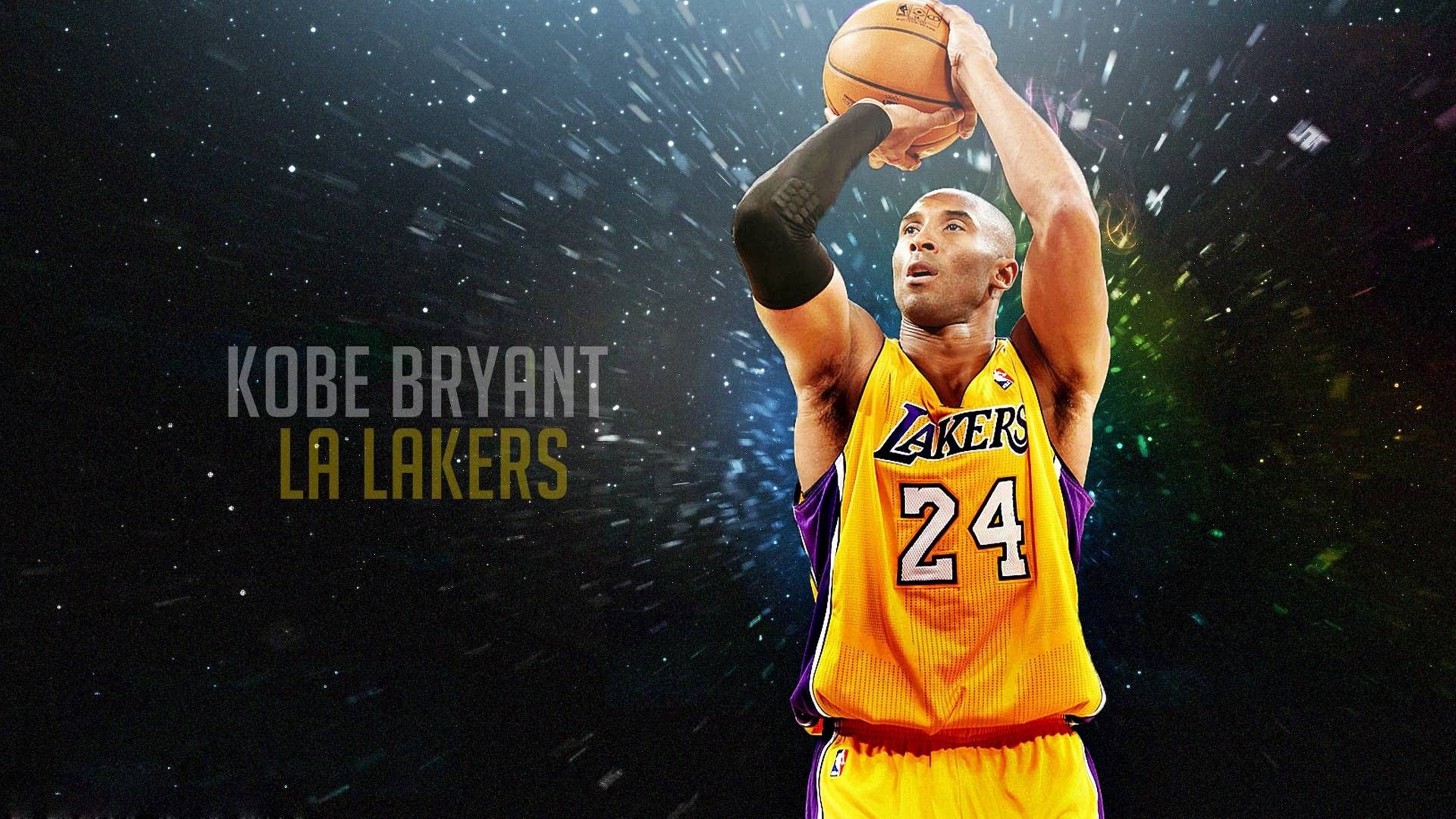科比· Bryant 桌布 壁紙 — 柯比·布萊恩身穿湖人球衣，在星光熠熠的宇宙背景下投籃，背景帶有發光粒子。