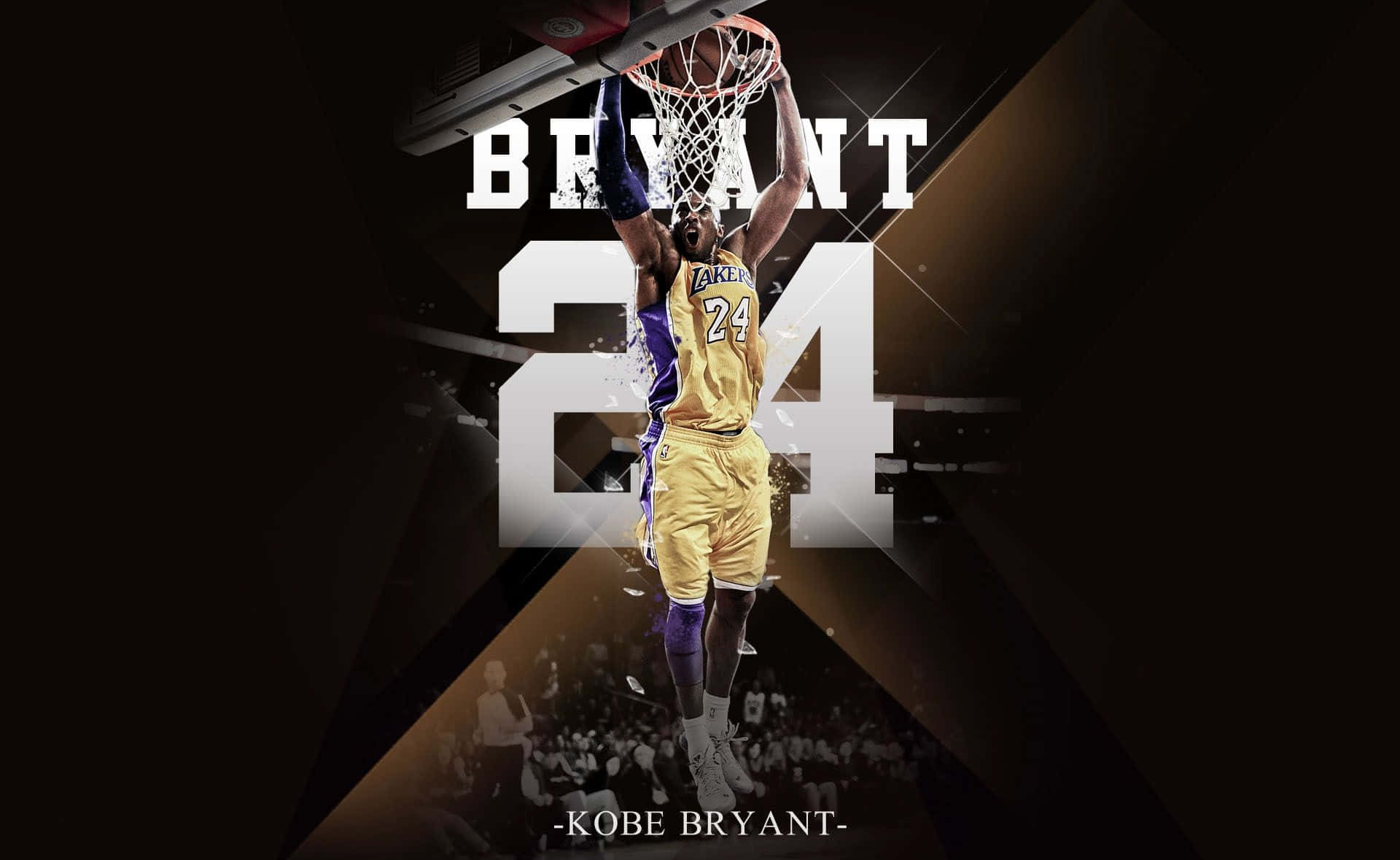 Kobe Bryant Basketball 桌布 壁紙 — 柯比·布萊恩身穿湖人球衣灌籃籃球，背後有發光的 'BRYANT 24' 文字，在戲劇性的球場聚光燈下。