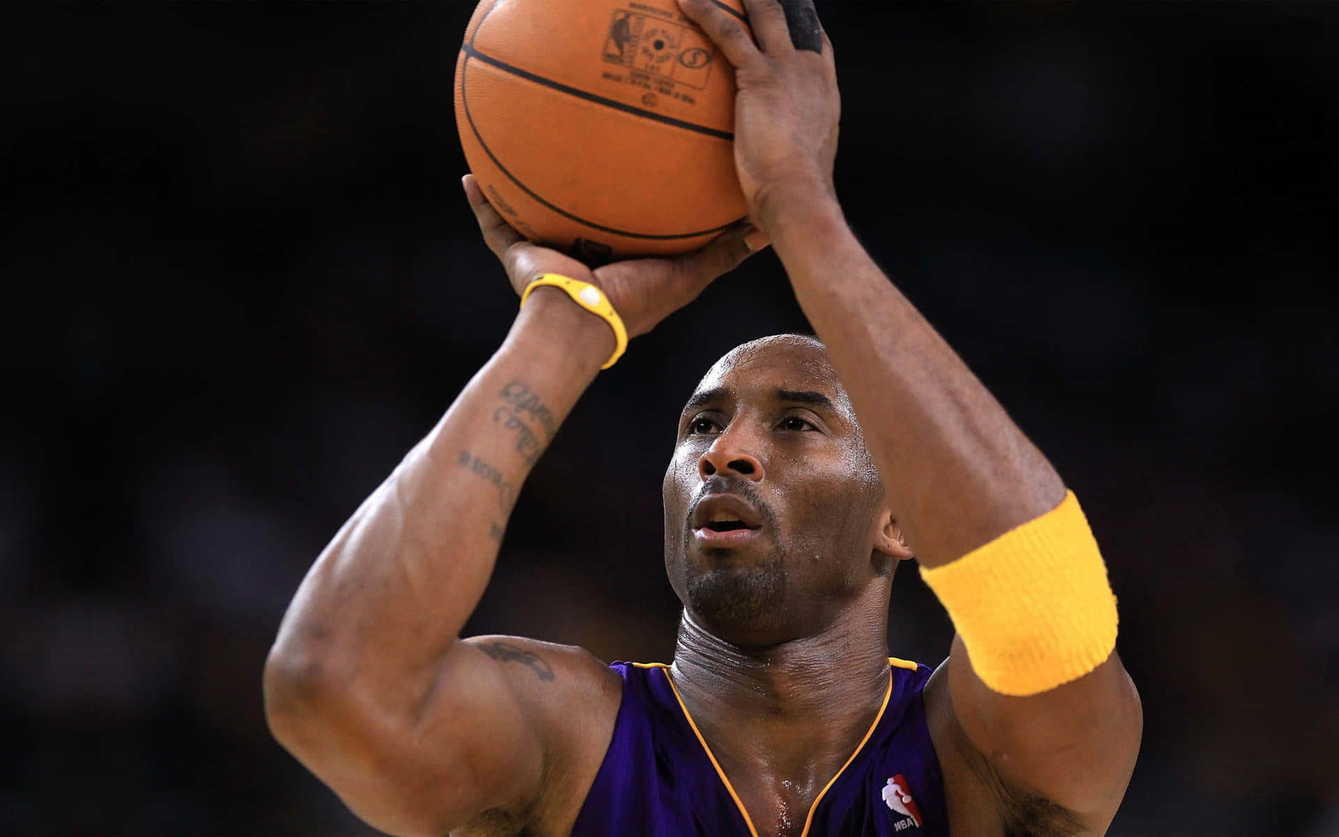Kobe Basketball 桌布 壁紙 — 柯比·布萊恩身穿紫金色湖人球衣，在黑暗的球場背景下，專注地準備投籃。