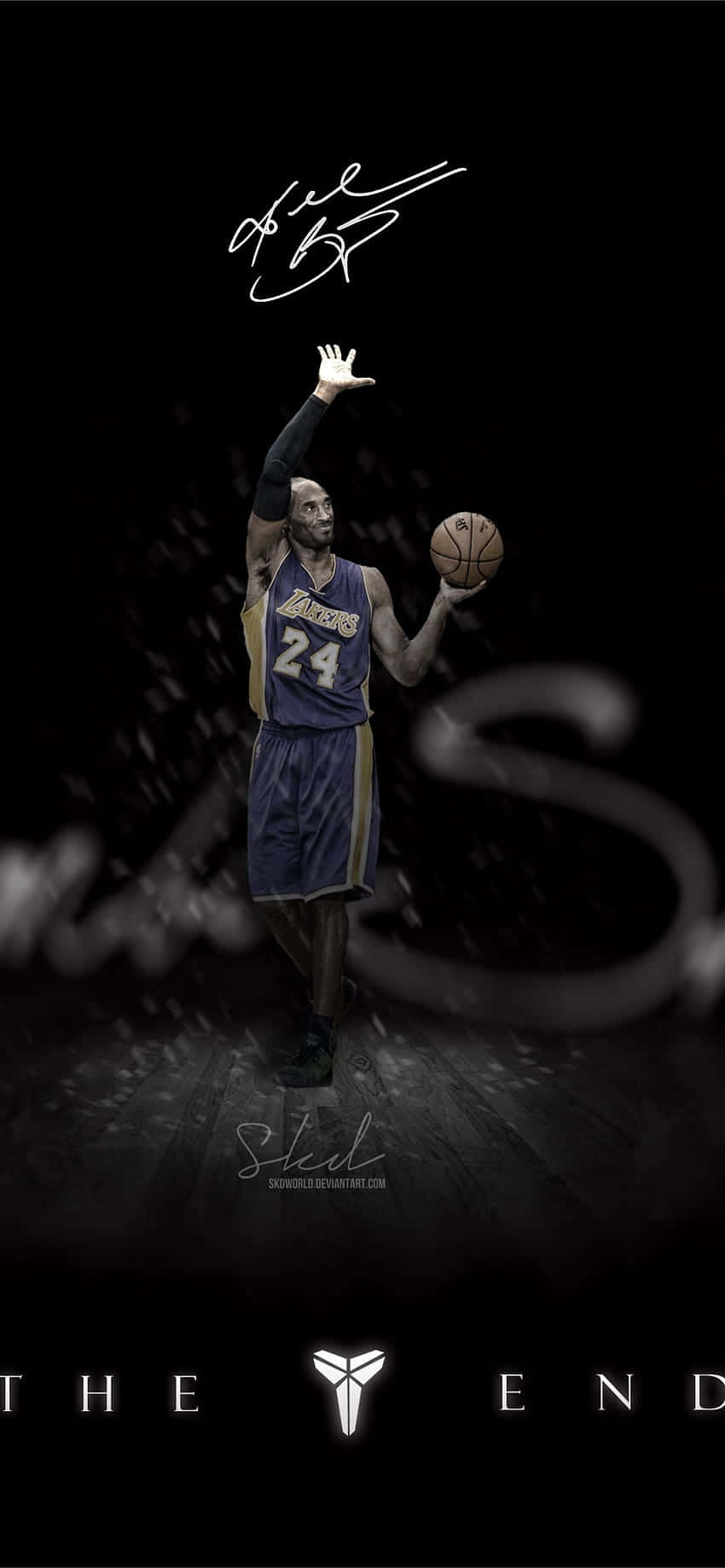 Best NBA 桌布 壁紙 — 柯比布萊恩身穿湖人球衣，中距離拍攝，深色背景，帶有'The End'文字和簽名。