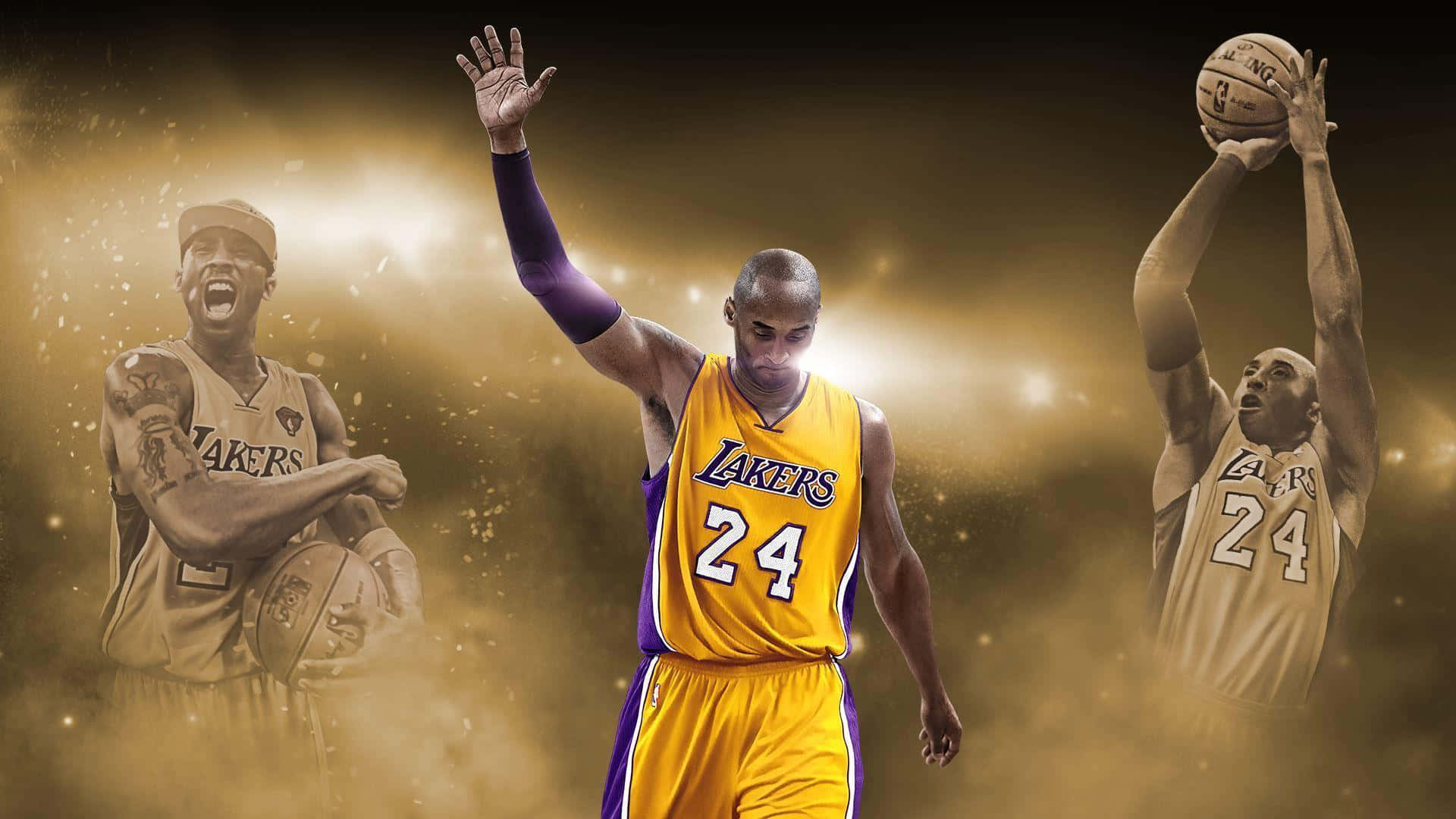 NBA 2k 桌布 壁紙 — 柯比布萊恩身穿湖人球衣，在金色發光背景及閃爍粒子襯托下，展現三個動態姿勢。
