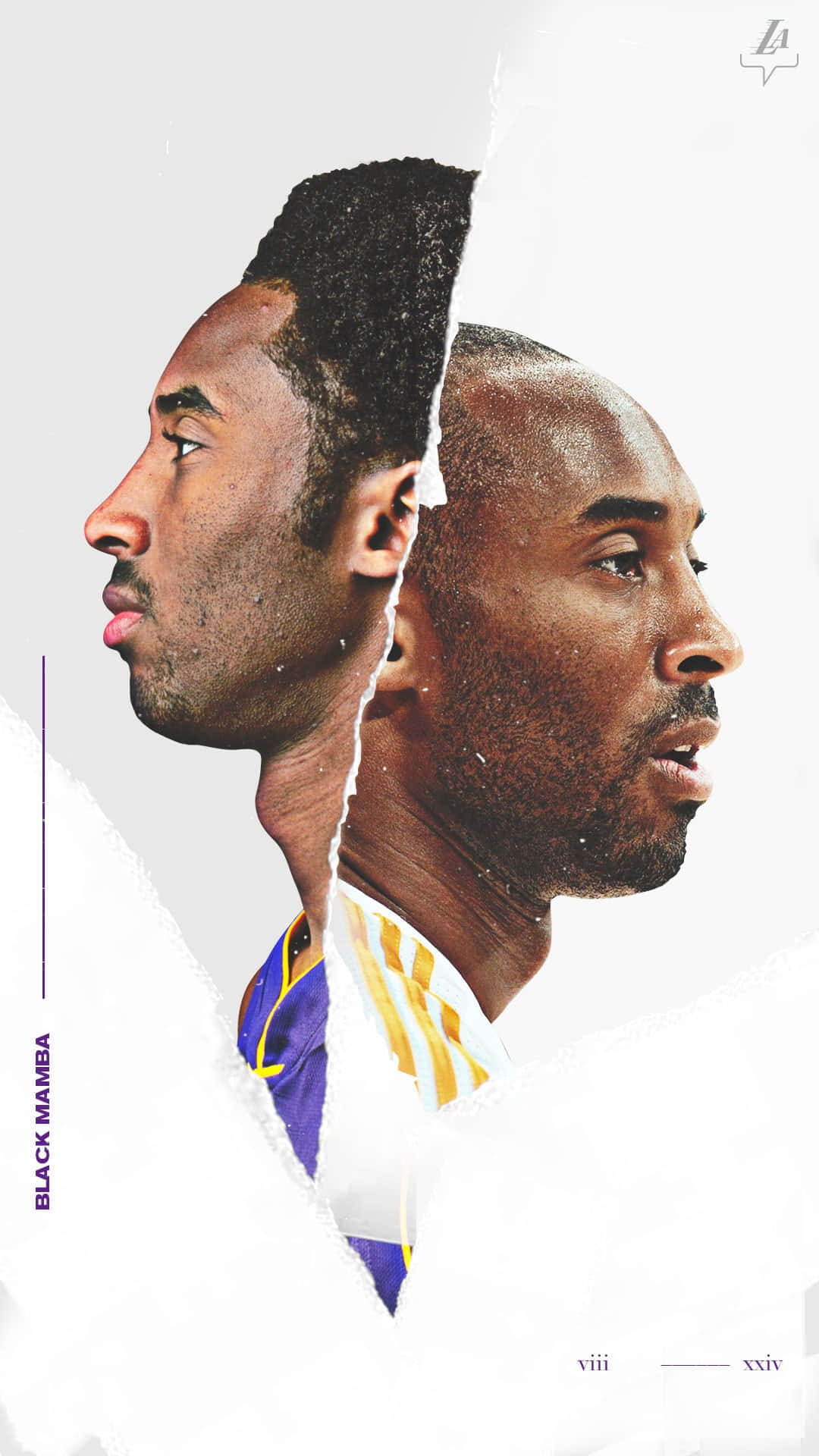 Kobe Basketball 桌布 壁紙 — 柯比布萊恩身穿湖人球衣的分割肖像，白色背景上帶有「Black Mamba」文字。
