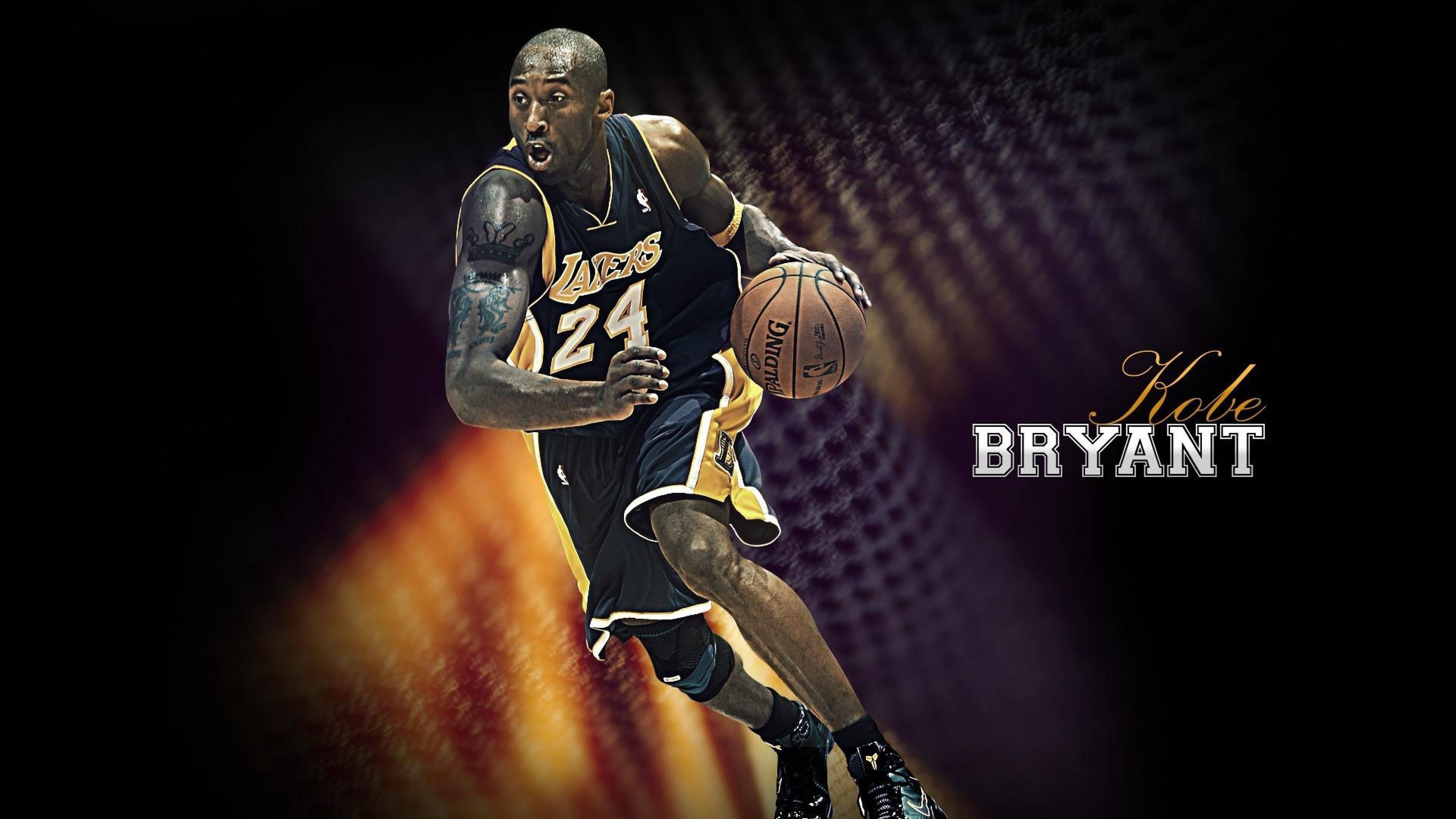 科比· Bryant 桌布 壁紙 — 柯比布萊恩身穿湖人球衣運球，背景是火熱的橙色和深紫色動態模糊效果。